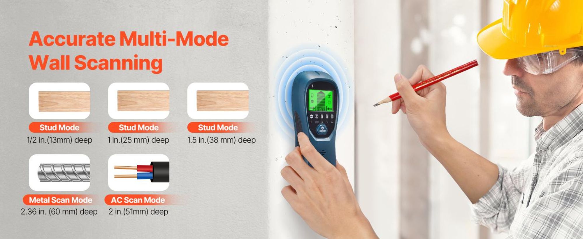 VEVOR Stud Finder Wandscanner, 5 in 1, Elektronischer Wandständer-Detektor mit Smart-Sensor, Hochauflösendes LCD-Display und Audioalarm, für die Mitte und Kante von Metall, AC-Draht, Balken, Rohren, Orange, Blau