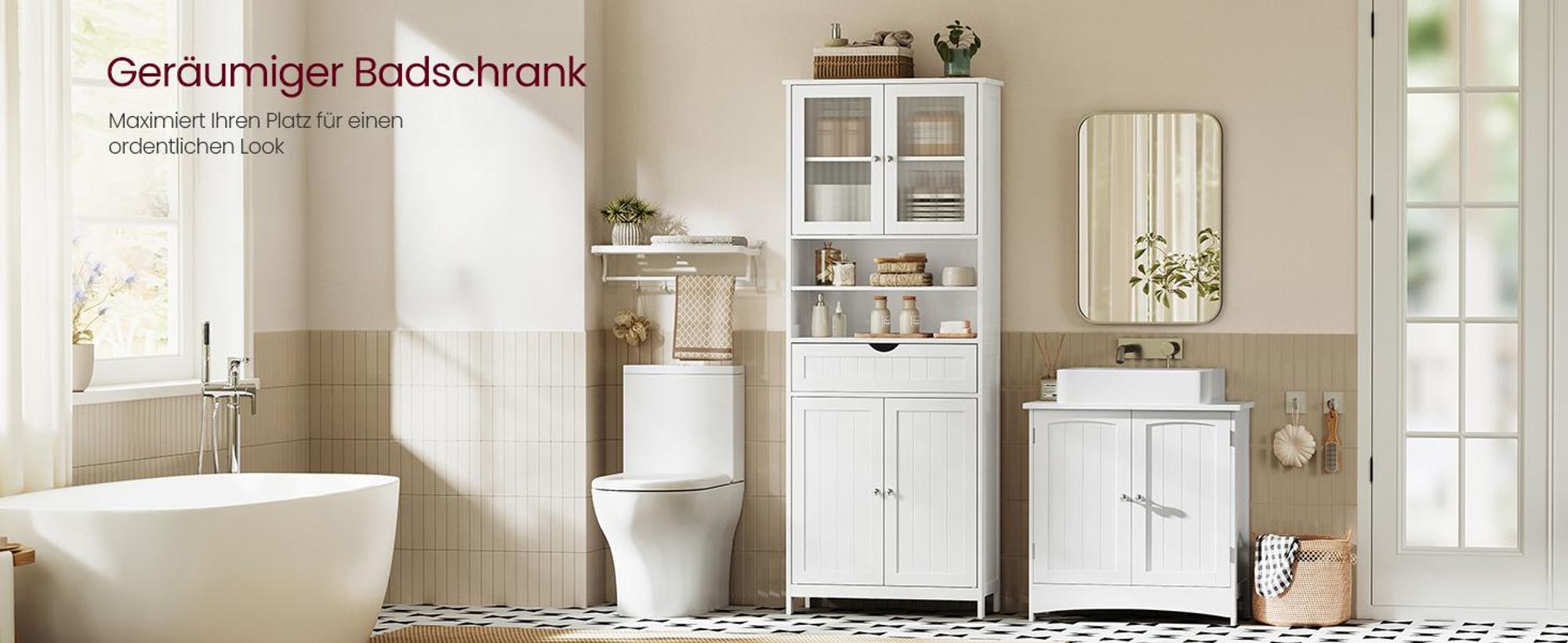 VASAGLE Badezimmerschrank, Badschrank, Aufbewahrungsschrank mit verstellbaren Ablagen, Schublade, offenen Fächern