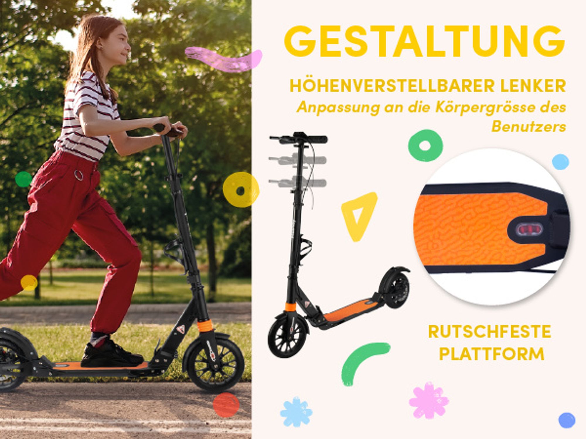 Malplay Scooter für Kinder ab 6 Jahren Kinderroller mit Flaschenhalter Schwarz/Orange Große bis 100kg