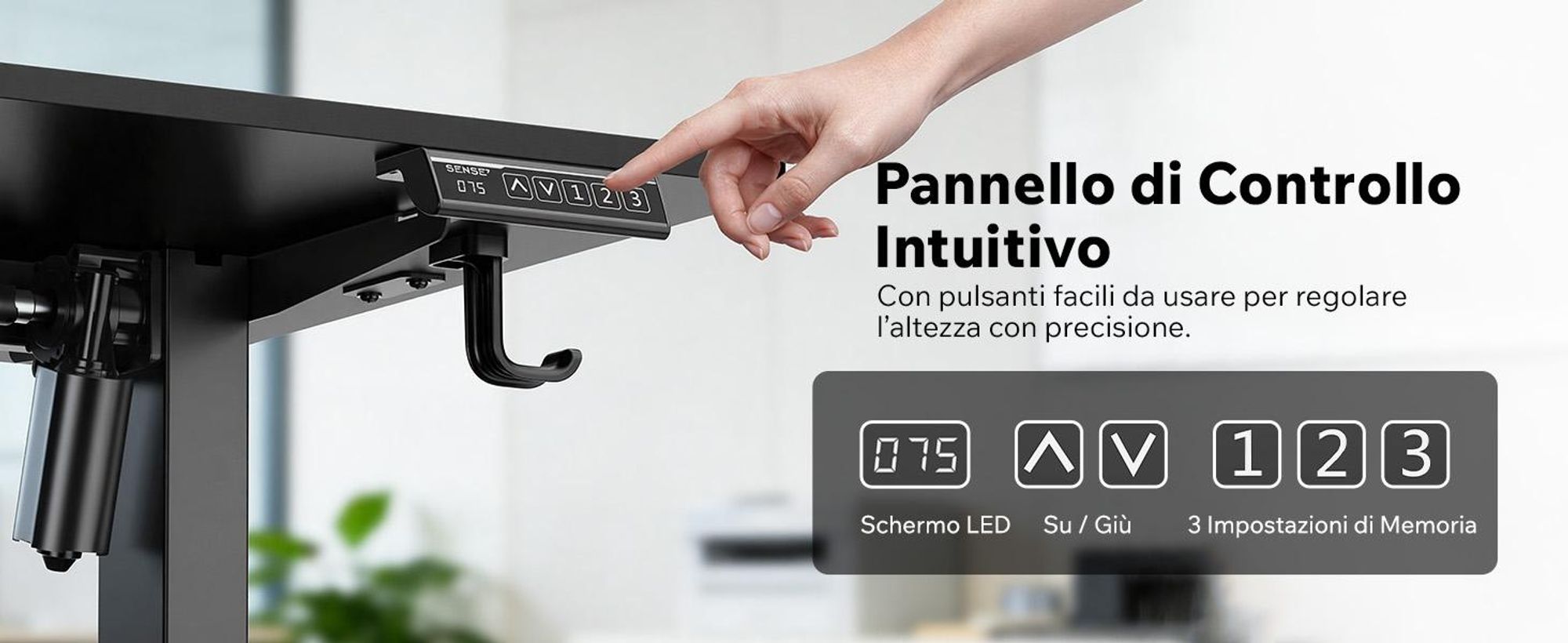 SENSE7 NOJO Light - Struttura per scrivania regolabile in altezza elettricamente | 72-118 cm, funzione memoria, supporto per cuffie, carico massimo 70 kg, struttura in acciaio