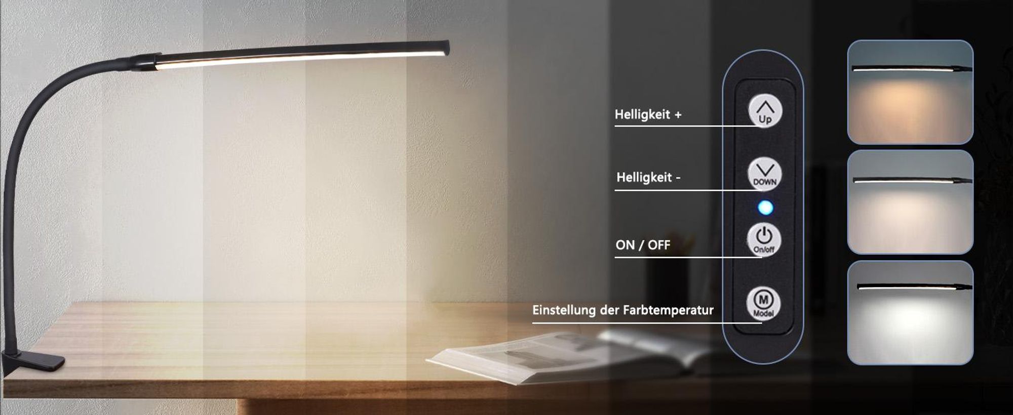 ZMH Schreibtischlampe LED Tischleuchte Dimmbar Klemmbar Tischlampe Schwarz Arbeitsleuchte Schreibtisch 5W Schreibtischleuchte Bürolampe Tageslichtlampe Büro Klemmleuchte mit Ladefunktion