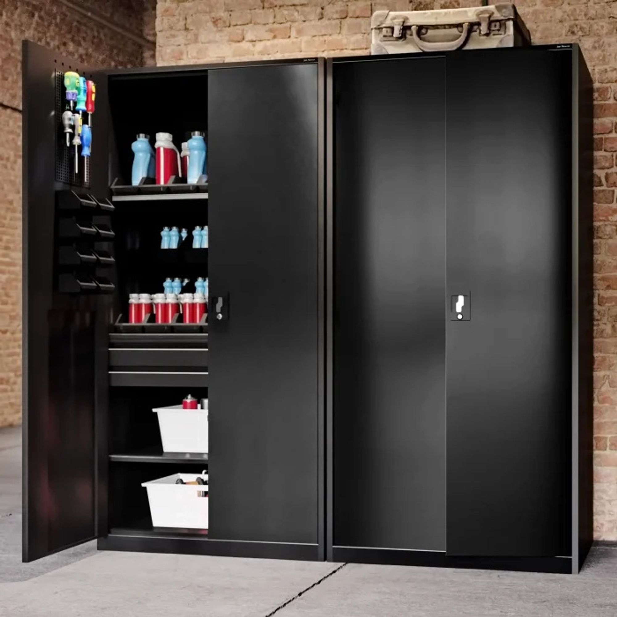Jan Nowak Werkzeugschrank TC02AM Werkstattschrank mit Schubladen Flügeltüren Metallschrank 3 Fachböden Pulverbeschichtung 185 cm x 92 cm x 50 cm, Farbe: Schwarz
