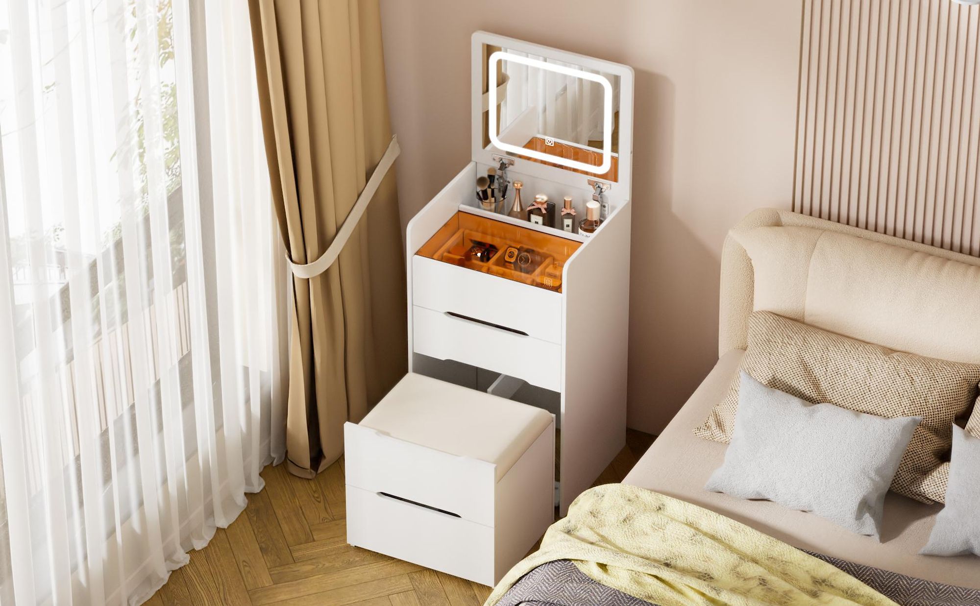 Schminktisch mit LED Spiegel 3 Lichtfarben, Kosmetiktisch mit Hocker und Stauraum, Schminkkommode mit Schubladen 48×40×82 cm