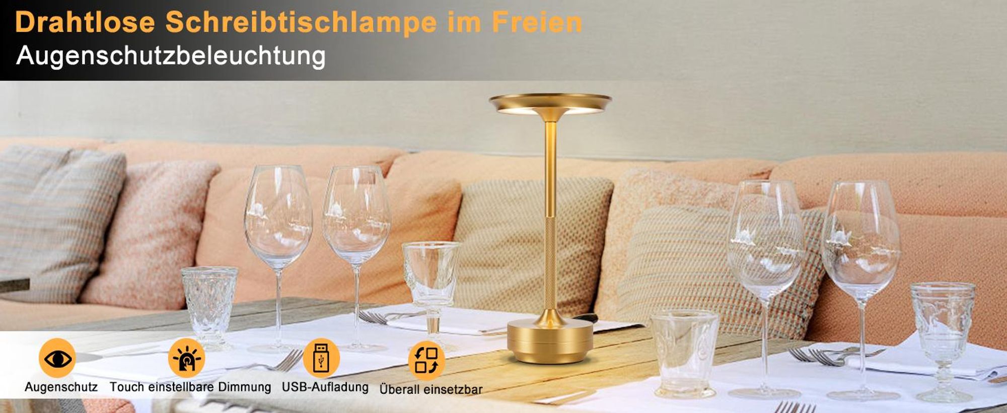 ZMH Nachttischlampe Kabellos Tischlampe Akku - LED Tischleuchte Touch Dimmbar Lampe 2er Set mit USB Aufladbar Batterie Tischlampen Gold für Modern Fensterbank Wohnzimmer Kinderzimmer Schlafzimmer