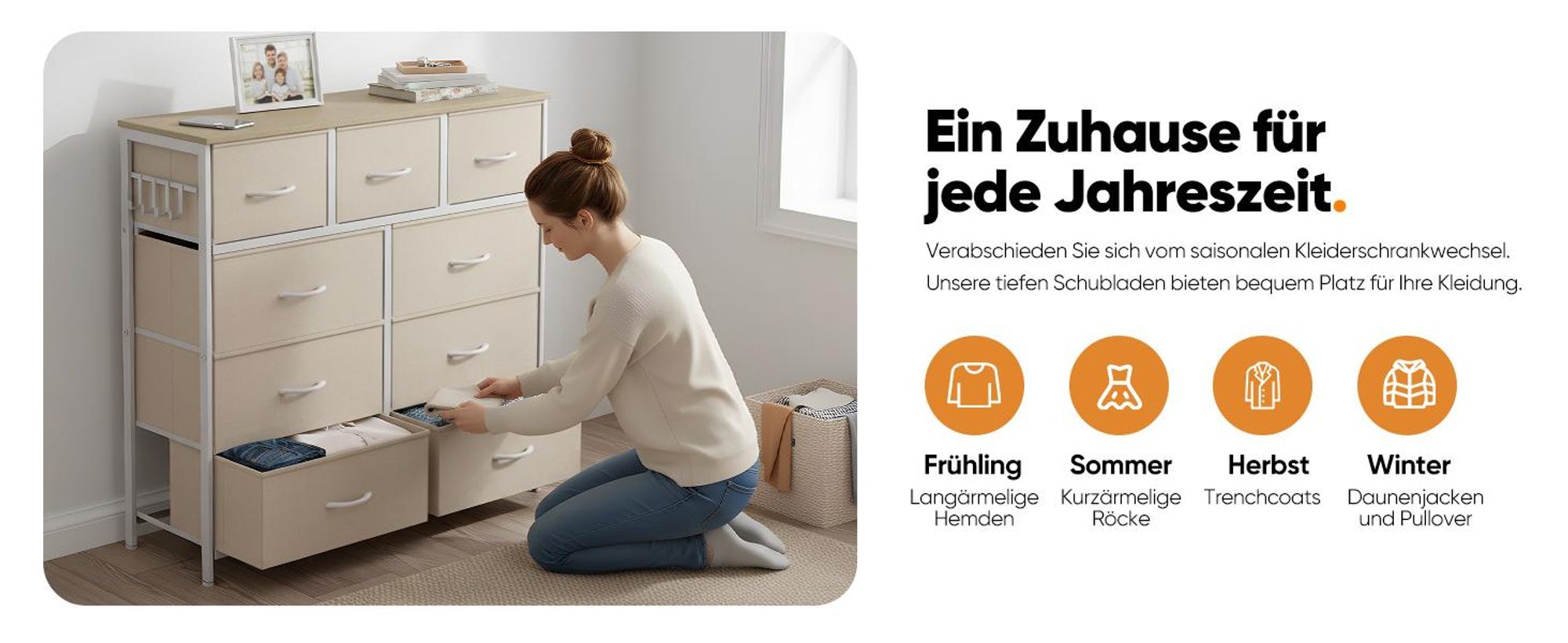 HOKEEPER Kommode,Sideboard mit 9 Stoffschubladen, Chest of Drawers,Aufbewahrungsschrank für Schlafzimmer/Wohnzimmer/Diele, Kleiderschrank Ergänzung