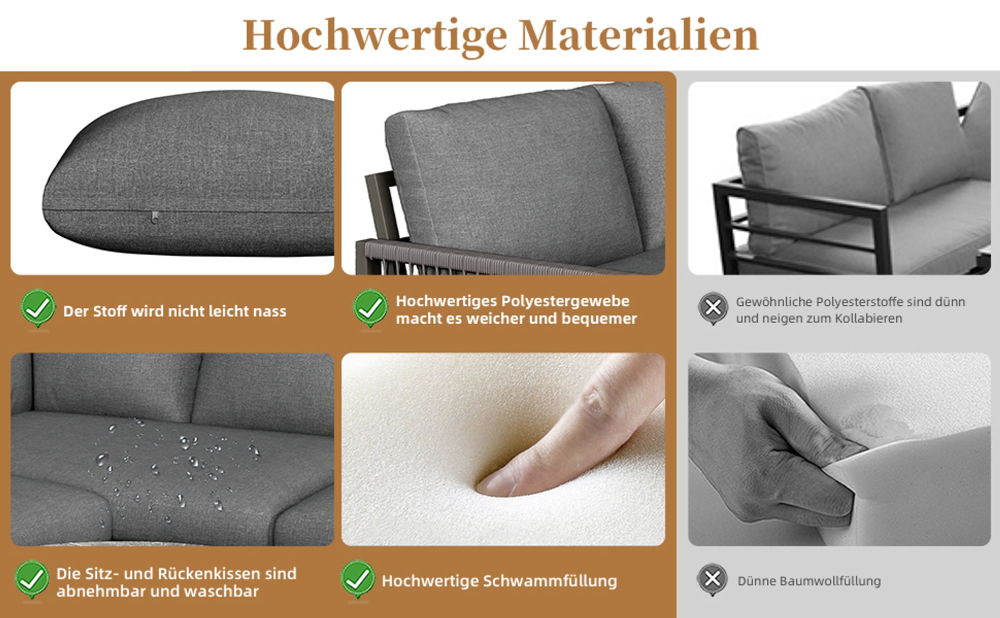 okwish Garten-Lounge-Set,Essgruppe,Möbelset für 6-7 Personen, Sitzgruppe mit Sofa&Tisch,inklusive aller Sitz- und Rückenkissen, grau