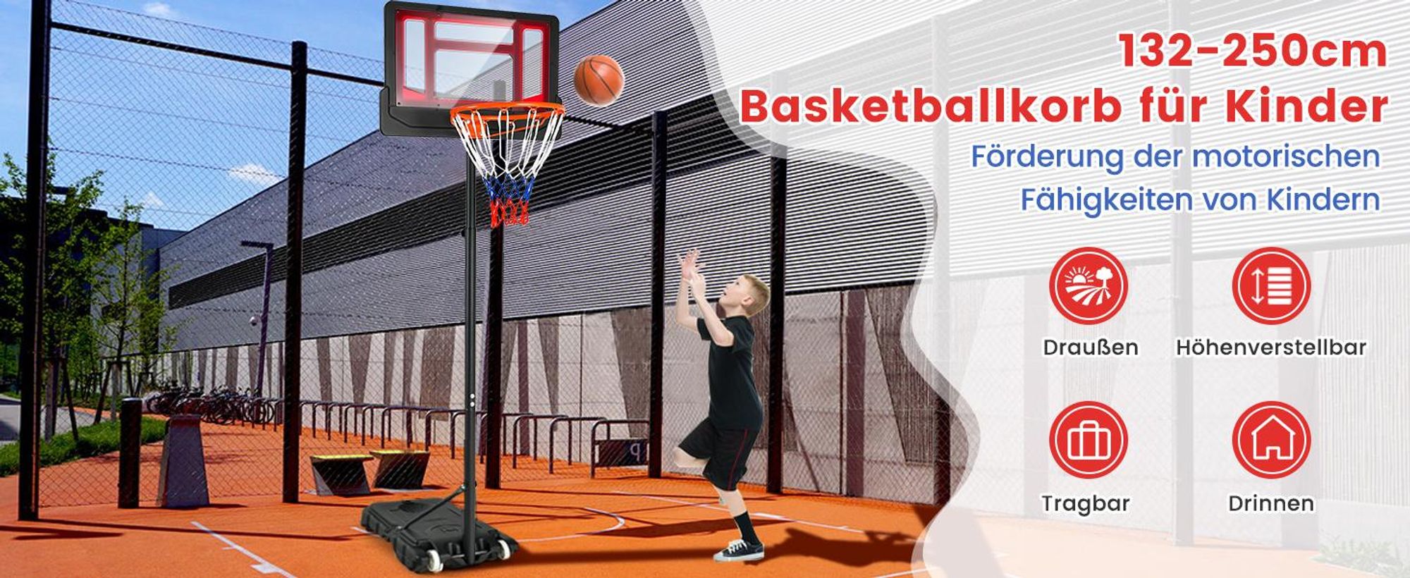 COSTWAY Basketballkorb mit Ständer 90-210 cm höhenverstellbar, Basketballständer mit 2 Rädern, Korbanlage für Kinder, Erwachsene, wetterbeständig Outdoor