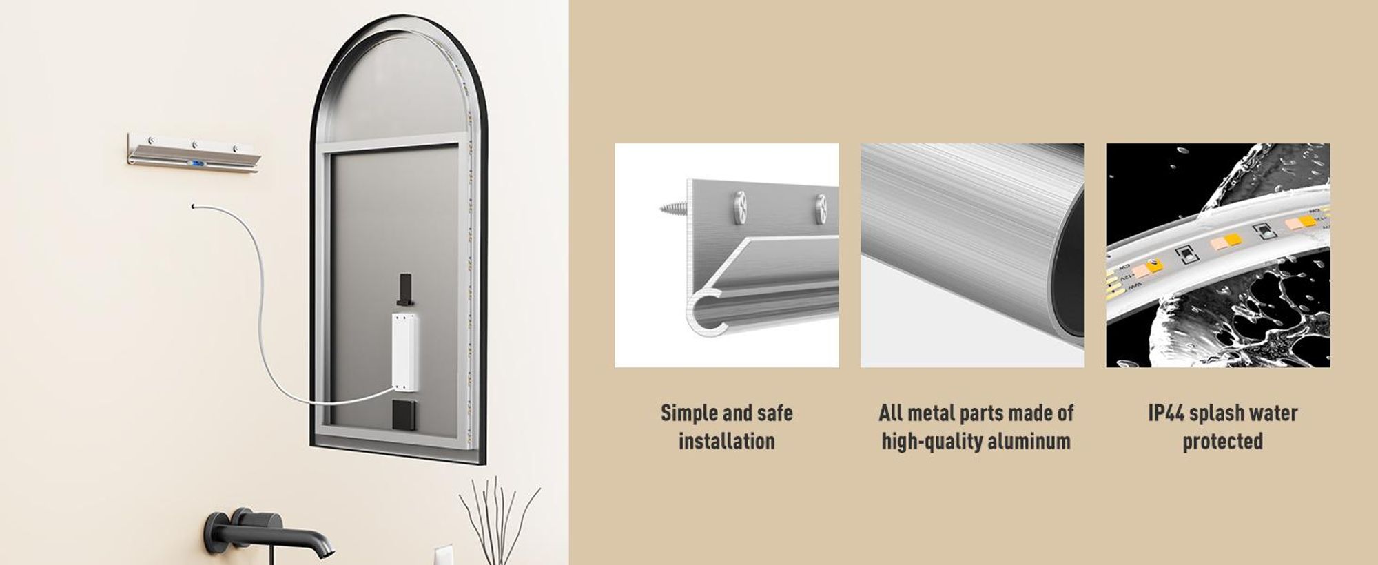 HOKO® Specchio curvo LED 50x90/90x50 cm con cornice in metallo nero, montaggio ALTO+QUARTO.Specchio luminoso per bagno ad arco+interruttore a sfioramento+cambiamento LED bianco caldo-bianco freddo