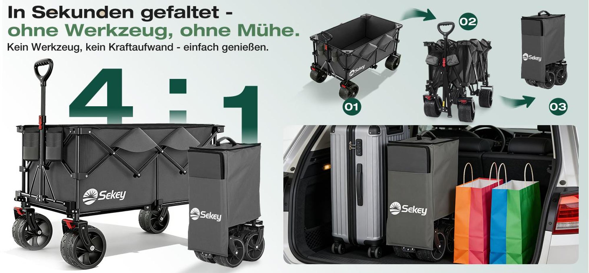 Sekey XXL Plus Bollerwagen Faltbar mit Extra Breite Räder, Faltbollerwagen belastbar 200kg Handwagen Klappbar Transportwagen, Grau