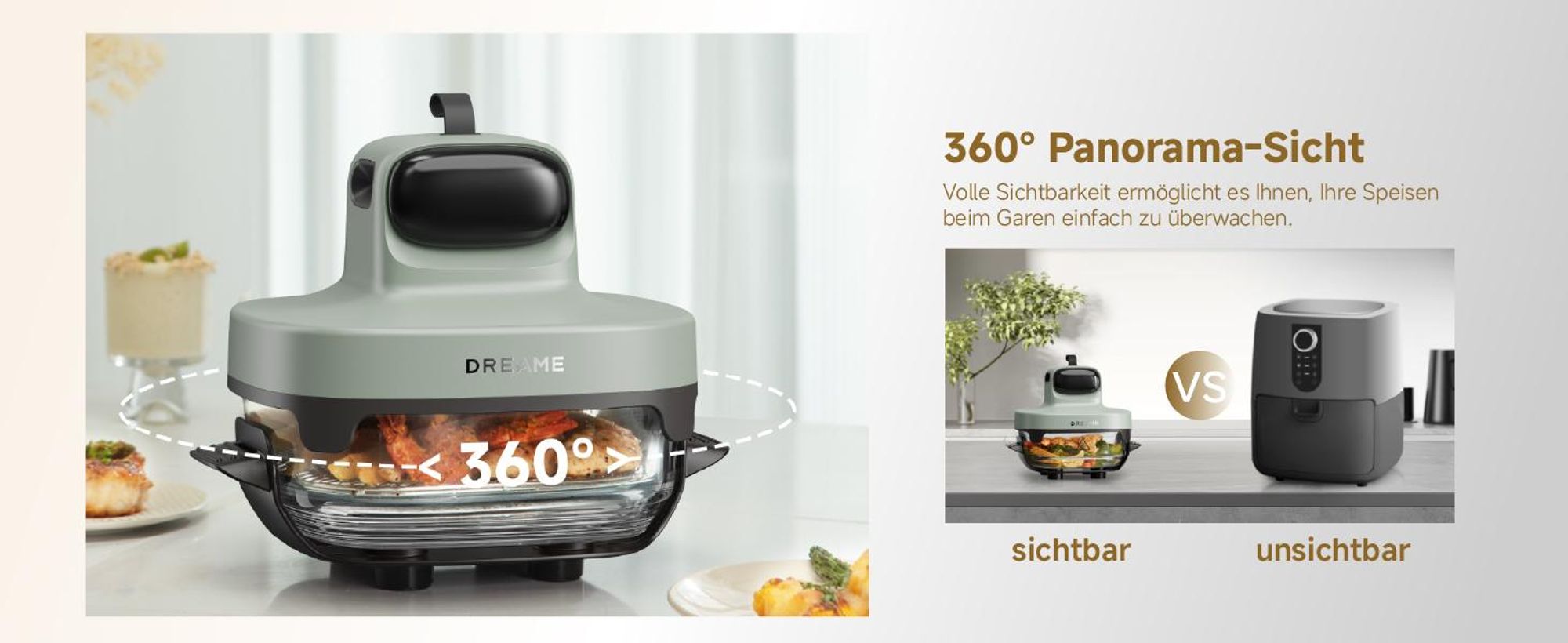 Dreame Tasti AirFryer 5-in-1 Heißluftfritteuse,6mm starkes,tragbares Borosilikatglas,3D-Heißluftzirkulation,spülmaschinenfest,360°Sicht,2.5l+4.5l,Grün