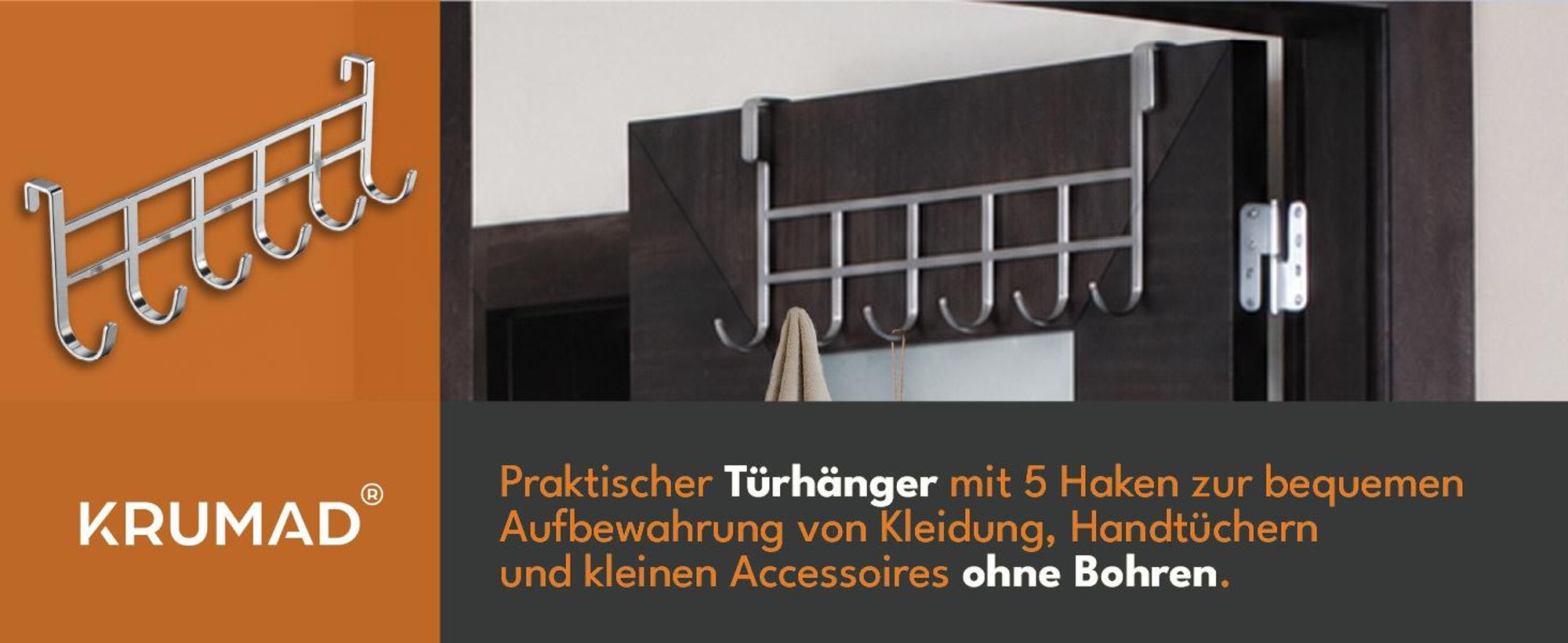 KRUMAD Türgarderobe zum Einhängen, Türhaken ohne Bohren, Kleiderhaken mit 6 Haken, Handtuchhalter für Tür, Schrank und Schlafzimmer