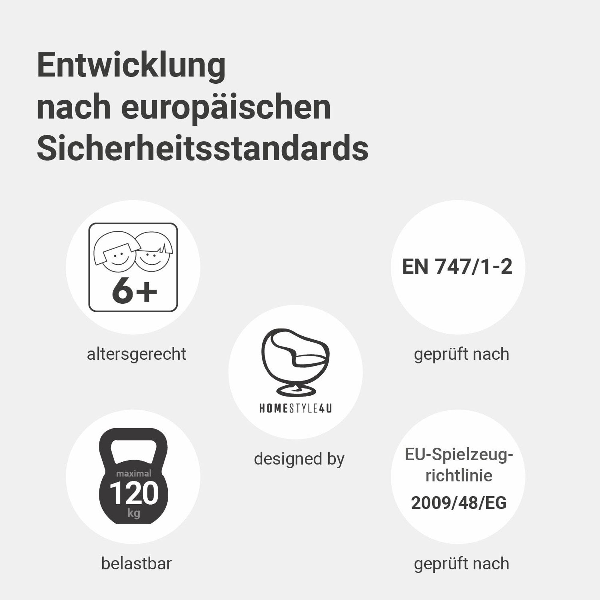 Das Kinderhochbett ist ab 6 Jahren geeignet und ist bis zu 120 kg belastbar.