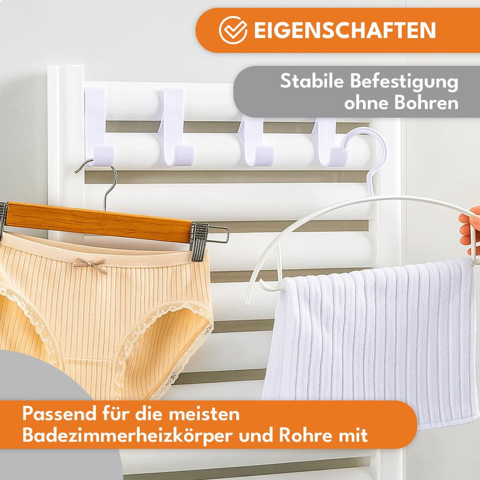 KRUMAD Heizkörper Haken 2er Set – Handtuchhalter Heizung ohne Bohren aus PP – Halter zum Einhängen für Badheizkörper, ideal für Handtücher & Bademänt