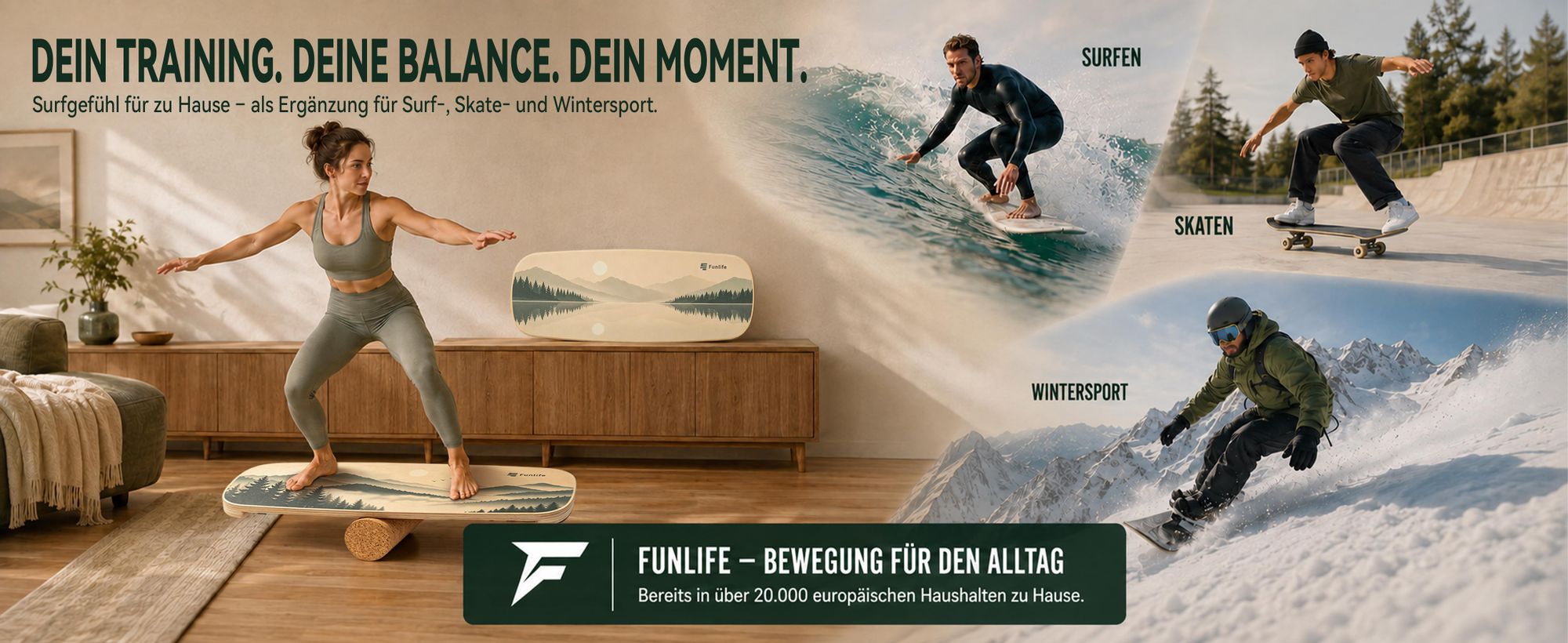 FunLife Balance Board mit Korkrolle – Balancetrainer aus Birkenholz – rutschhemmend – für Balance, Core Training, Fitness & Workout, MORNING MIST