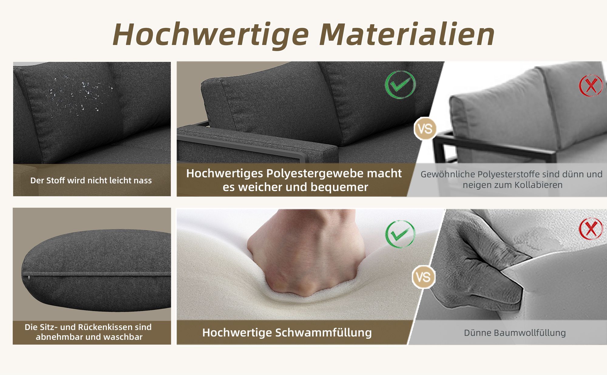 MERAX Gartenlounge-Set Sitzgruppe für 4-5 Personen, 4-tlg, Gartenmöbel mit Couchtisch, gehärtetes Glas und verzinkter Eisenrahmen, Grau