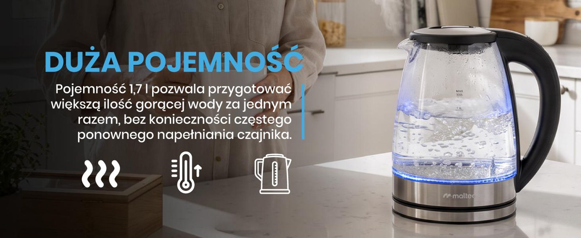 Szklany elektryczny czajnik o pojemności 1800ml i funkcją utrzymywania temperatury o mocy 2200W