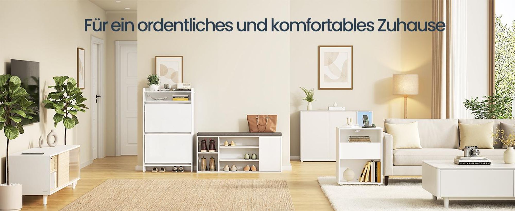SONGMICS HOME Schuhkipper, superschnelle werkzeuglose Montage, Toolless-Technologie, Schuhschrank 2 Klappen, modern, weiß