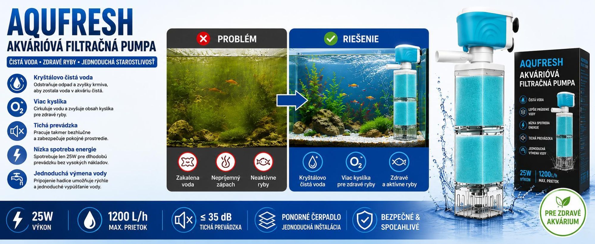 25 W vnútorný akvarijný filter s čerpadlom, tichý akvarijný filter (35 dB), ponorný akvarijný filter – AQUFRESH