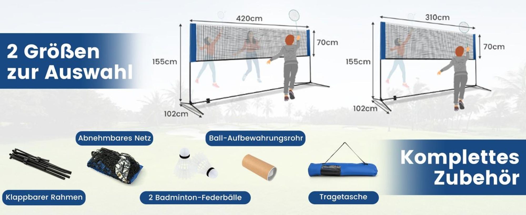 COSTWAY Badmintonnetz Outdoor, Federballnetz höhenverstellbar mit 2 Federbällen & Tragetasche, Badminton Set tragbar mit Netz