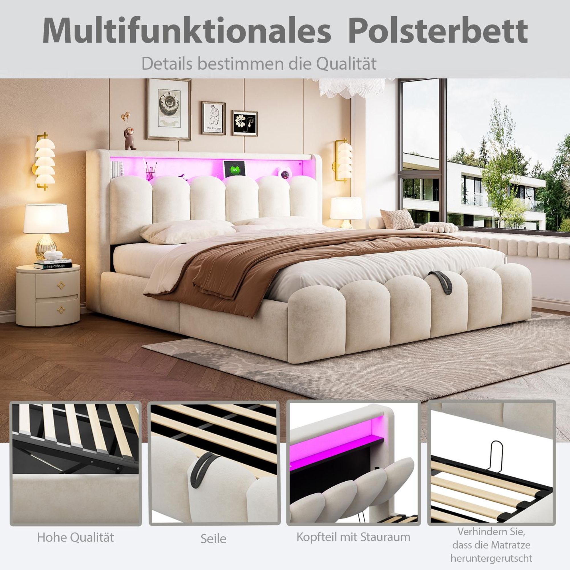 Merax Polsterbett 180x200 cm mit hydraulischem Stauraum, Doppelbett mit USB- & Type-C, LED-Beleuchtung, Samtbezug mit Blütenblattdesign, Beige