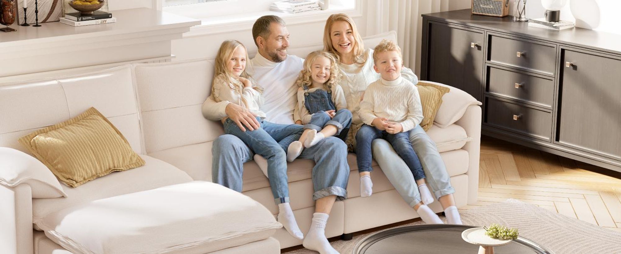 FLEXISPOT 4-Sitzer Sofa Sofabed L-förmiges Ecksofa mit Hocker, Stauraum, Modulares Sofa platzsparend für Wohnzimmer Weiß