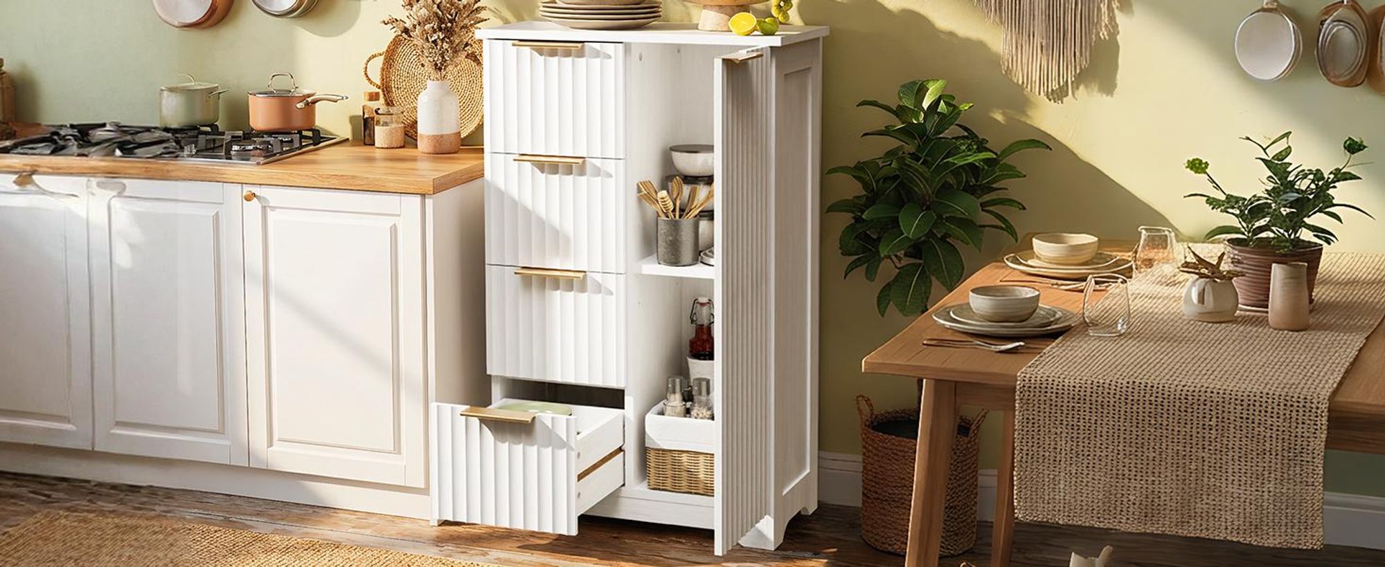 FCH Küchenschrank, Buffet Kommode mit 1 Türen und 4 Schubladen, für Wohnzimmer, Esszimmer und Küche, 53 x 29 x 82 cm, Weiß