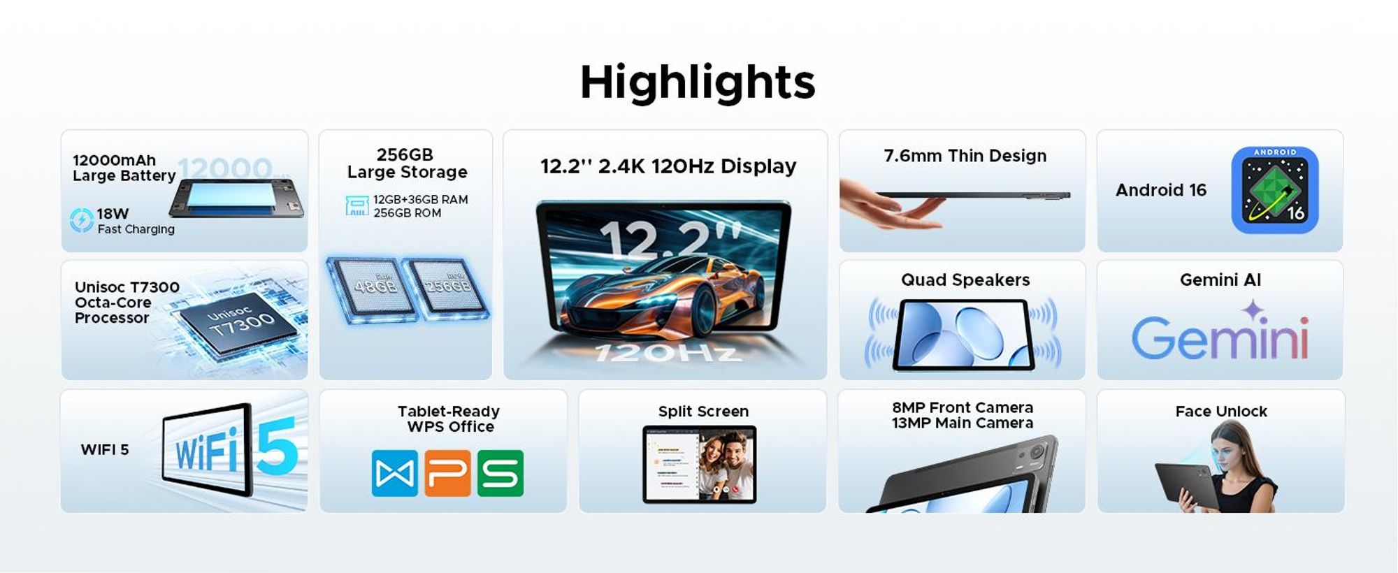 P12 Plus Tablet, 12,2", 2.4K, 120H display – Android 16, 48GB RAM (12+36) + 256GB ROM (uitbreidbaar tot 2TB met TF-kaart), 12000mAh batterij, T7300 processor, Widevine L1, Bluetooth 5.4 – inclusief toetsenbord, muis en stylus