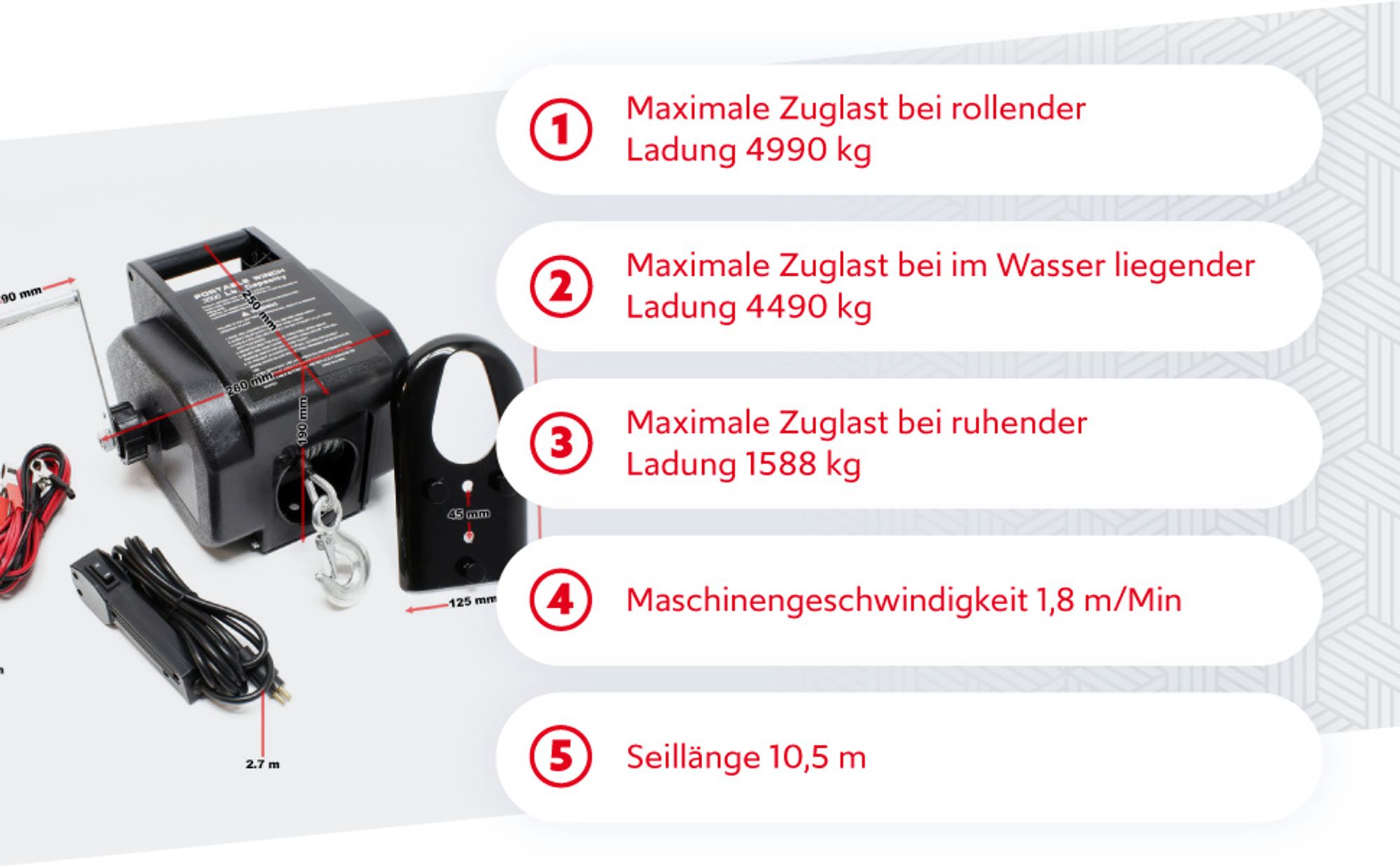 Wiltec Elektrische Seilwinde 12V 280W bis 4990kg, 1,38m/min, Motorwinde 10,5m Stahlseil, Elektroseilwinde mit Haken und Fernbedienung