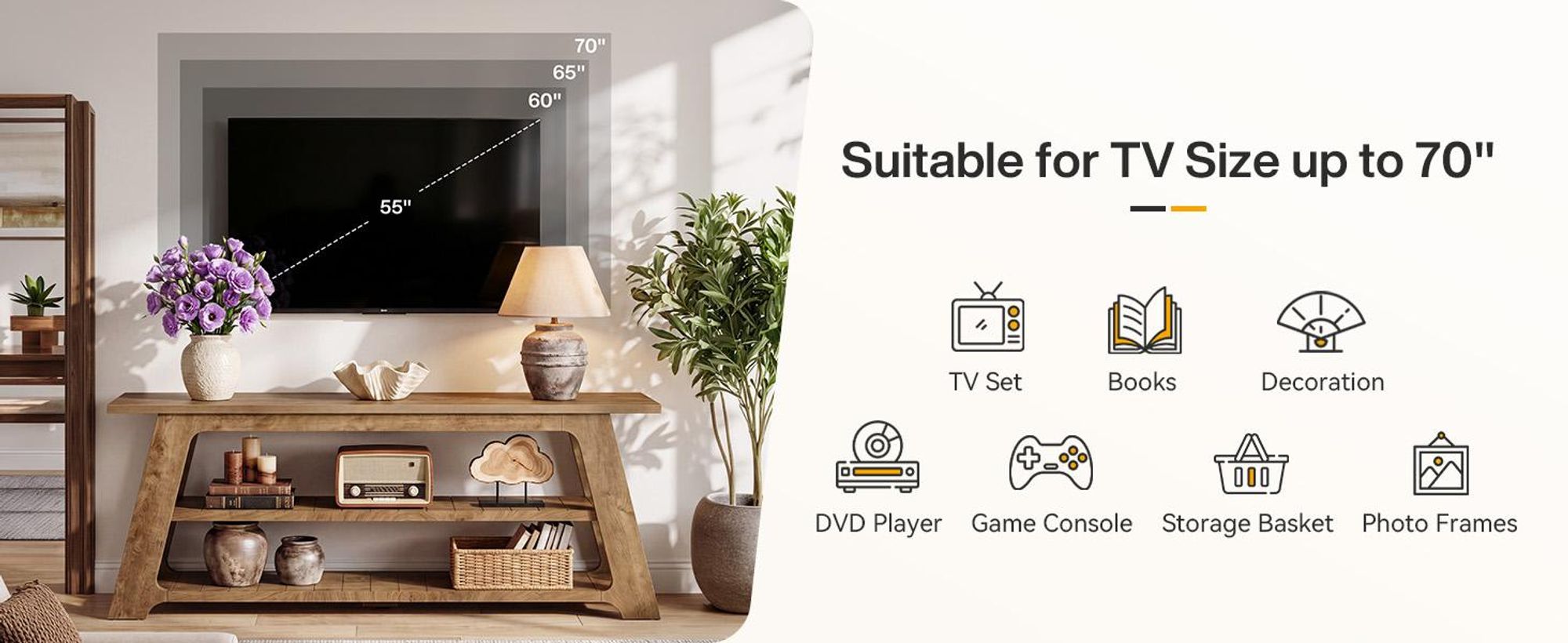 Wanbor 160 cm TV-Ständer, TV-Konsolentisch im Landhausstil mit offenem Stauraum, Fernsehschrank mit stabilem, für Fernseher von 55 bis 75 Zoll