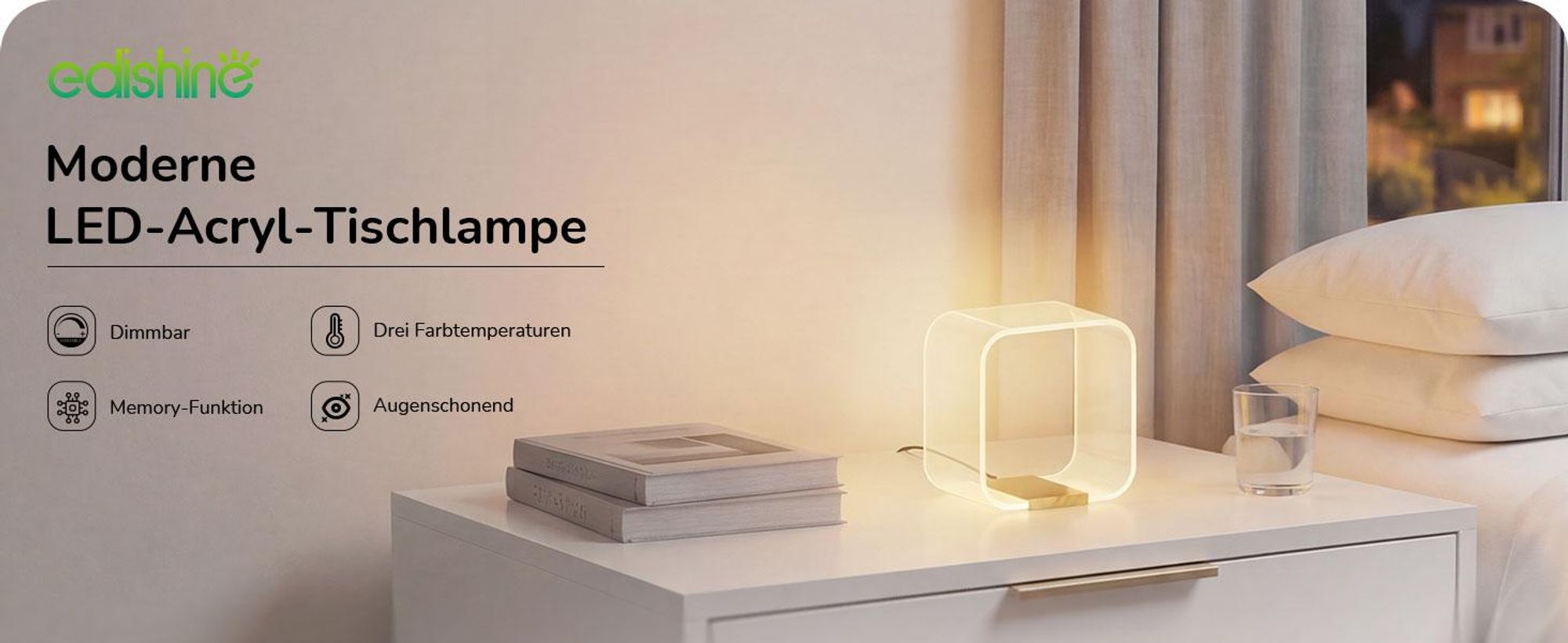 EDISHINE LED Nachttischlampe Dimmbar, Moderne Tischlampe mit Versteckter Lichtquelle &Lasergravur,3 Farbtemperaturen, Acryl & Aluminium,Nachtlich Gold
