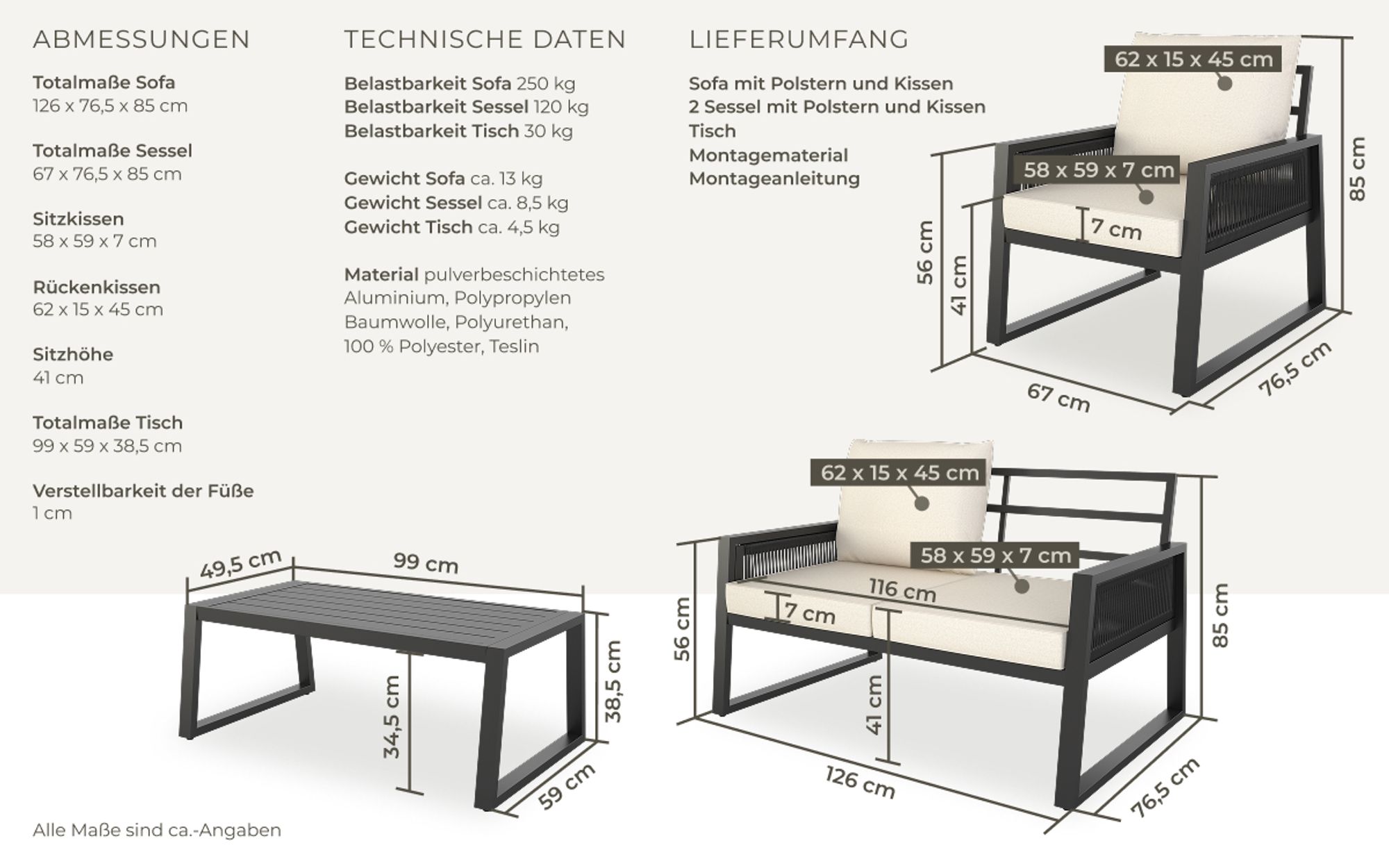 tectake® Aluminium Garten-Lounge Set Captive im Rope-Design