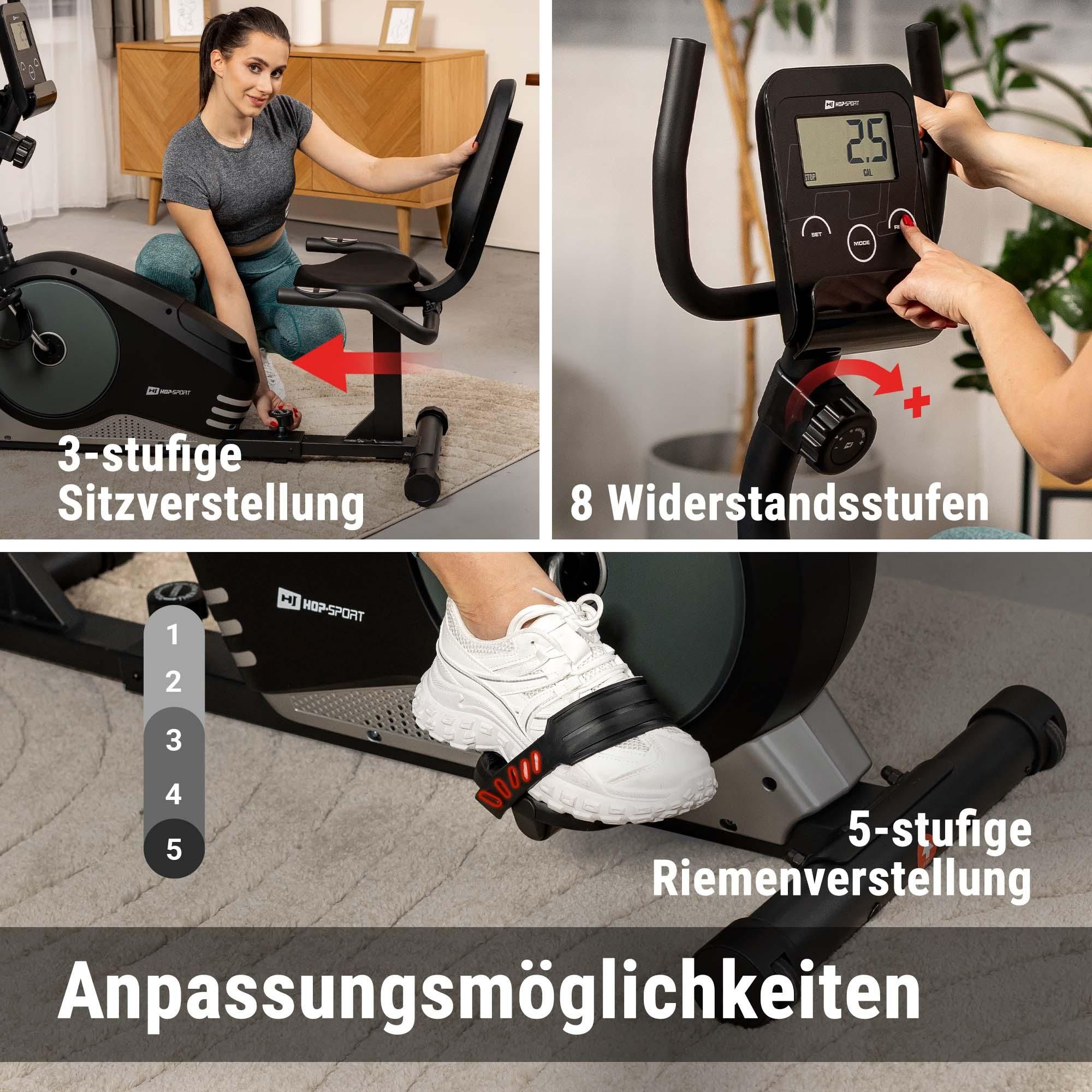 HOP SPORT® HS-040L Liegeergometer für Zuhause mit 8 verstellbaren Widerstandsstufen | Leise Liegerad Heimtrainer mit Großer Bequemer Sitz bis 120 kg