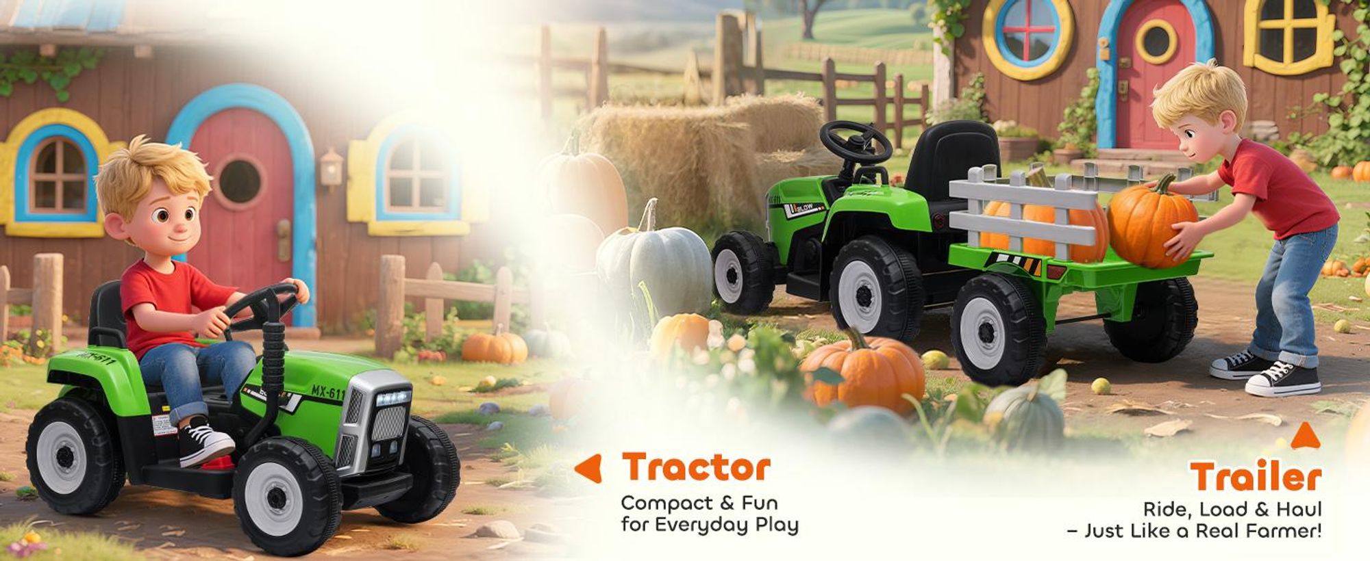 HOMCOM Traktor elektryczny z przyczepą i zdalnym sterowaniem, 3-6 km/h, zielony