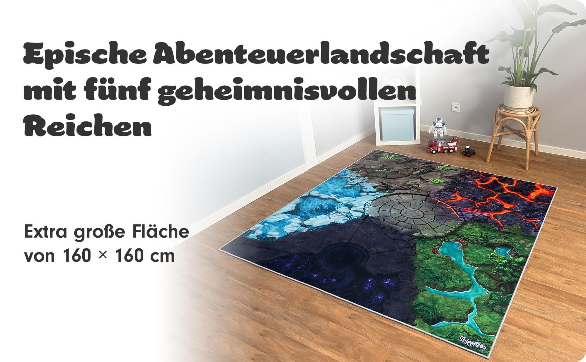 SkippiDoo Spielteppich Fantasy 160x160cm – 5 Welten mit Battle Arena – Lava, Eis, Dschungel, Stein und Schatte – rutschfest für z.B. Eldrador® passend