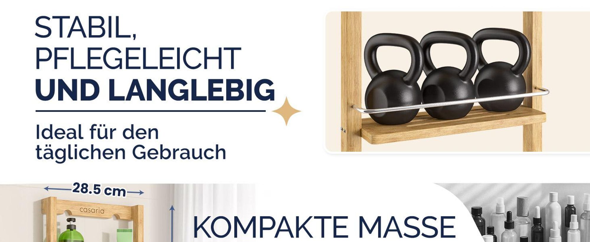 CASARIA® Duschregal Zum Hängen 3 Ablagen 3 Haken 70x29x10cm Duschablage Hängend Badregal Bambus Holz Hängeregal für Dusche Bad Küche Regal