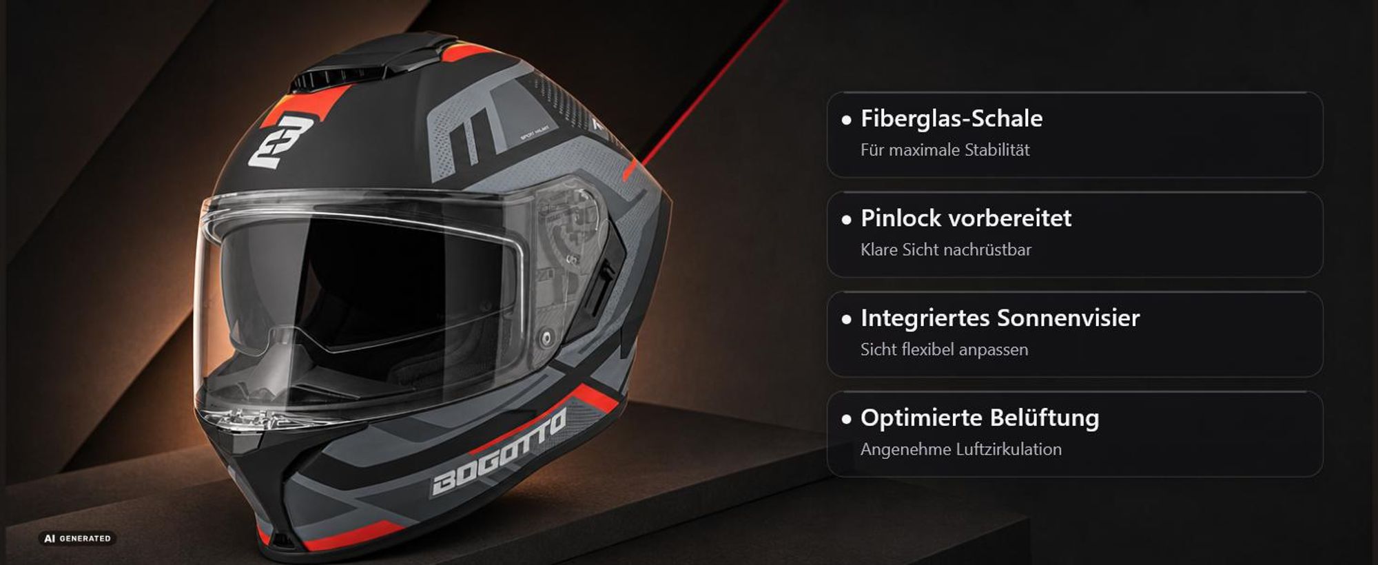 Bogotto Phantom Codex Fiberglass Helm, schwarz/grau/rot, XL (61/62)