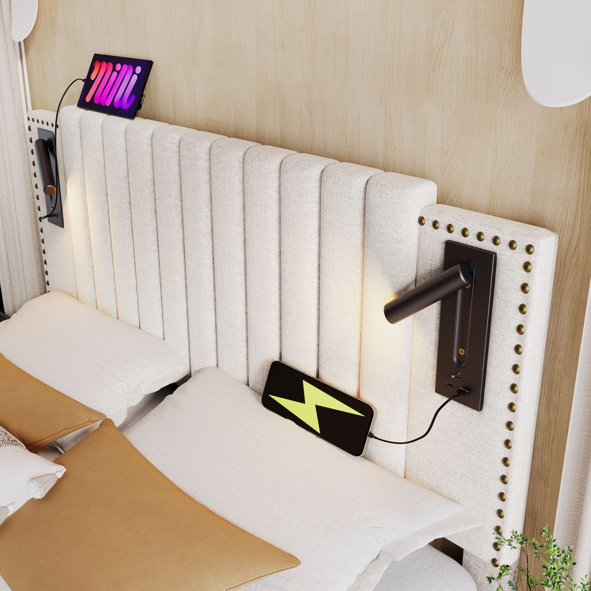 Flieks Polsterbett 160x200cm mit Leselampe, Doppelbett Stauraumbett Boxspringbett mit Ladefunktion (USB, Typ-C), Jugendbett mit Lattenrost, Baumwolle