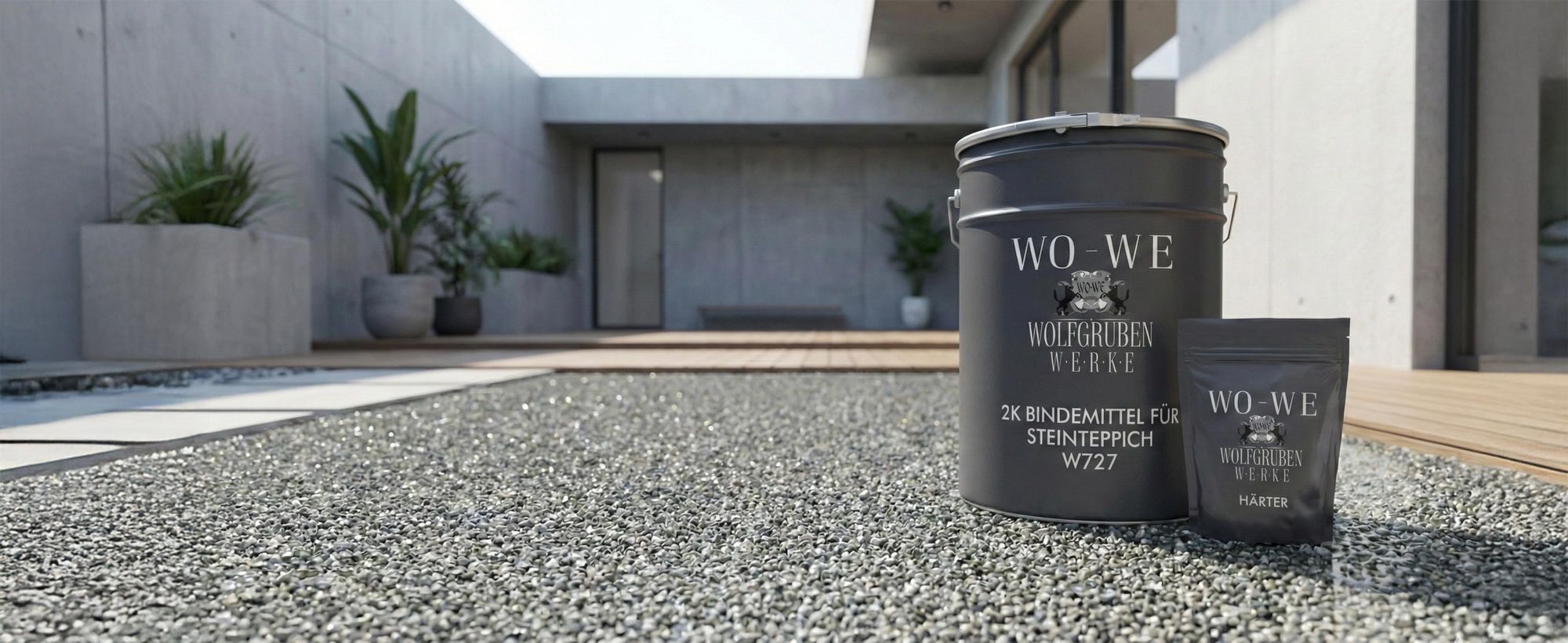 WO-WE W727 ist ein 2K-Bindemittel für langlebige, stabile und wasserdurchlässige Steinteppiche