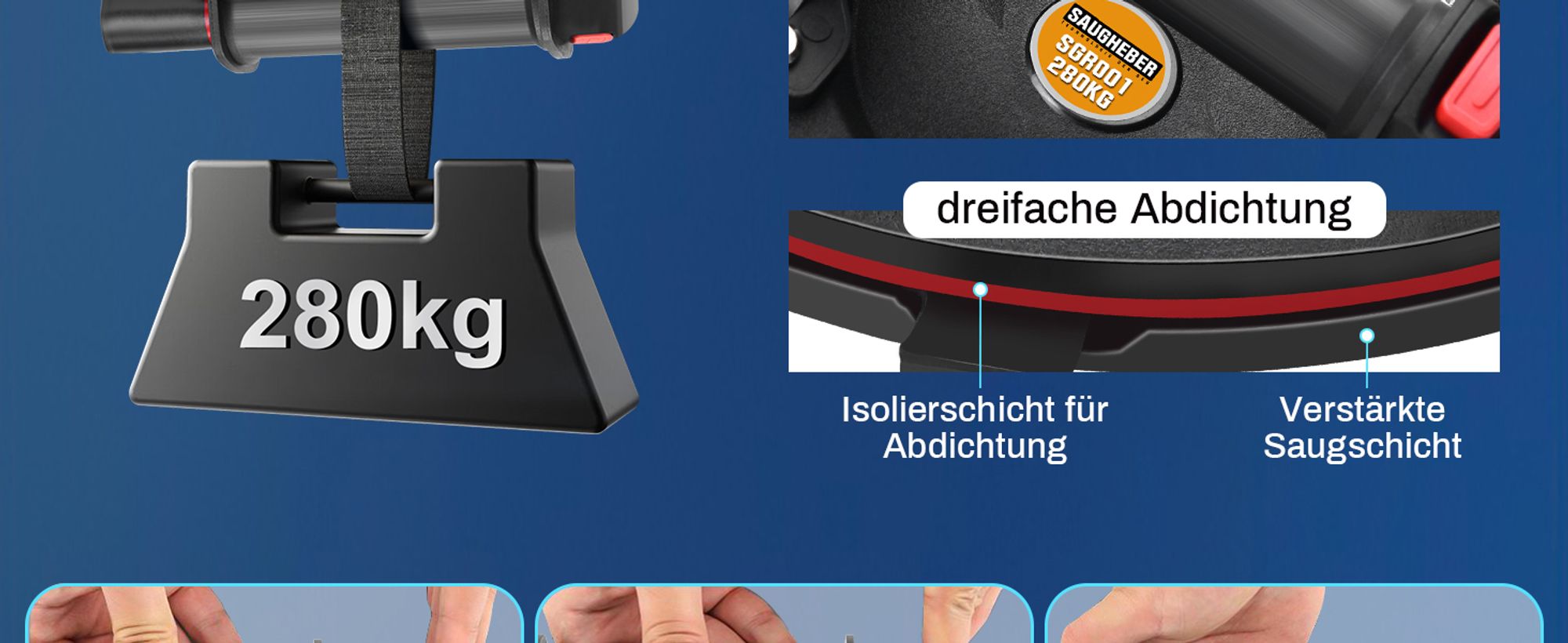 2er Set 8" Saugheber Glasheber Tragkraft 260KG Vakuumheber Fliesenheber für Fliesen Marmor