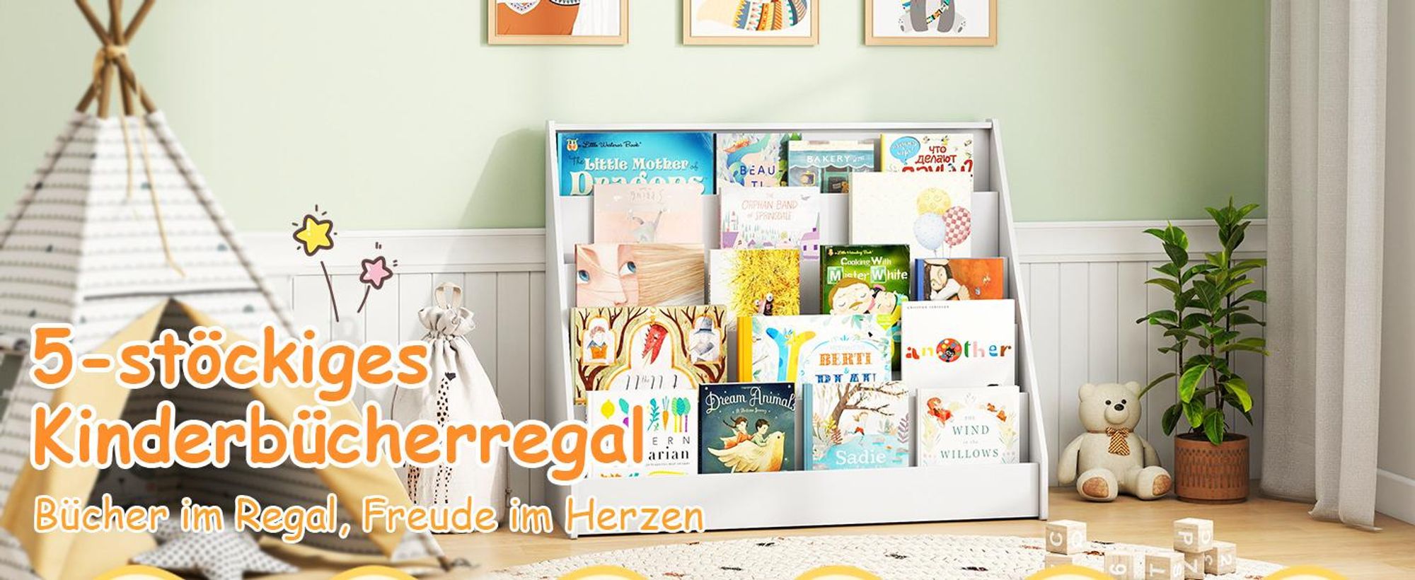 COSTWAY Kinderregal mit 5 Fächern, Bücherregal für Kinder, Zeitungsständer aus Holz, Aufbewahrungsregal für Kinderzimmer, 91 x 38 x 76,5 cm (Natur)