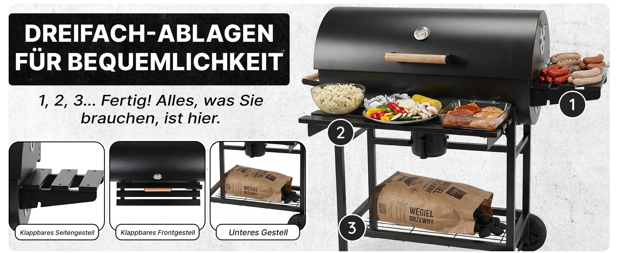 Grill & Chill Gartengrill, Holzkohlegrill - großer Chromrost 71×35 cm, Deckel, Aschekasten, Thermometer, Zwei Transporträder, GC0002