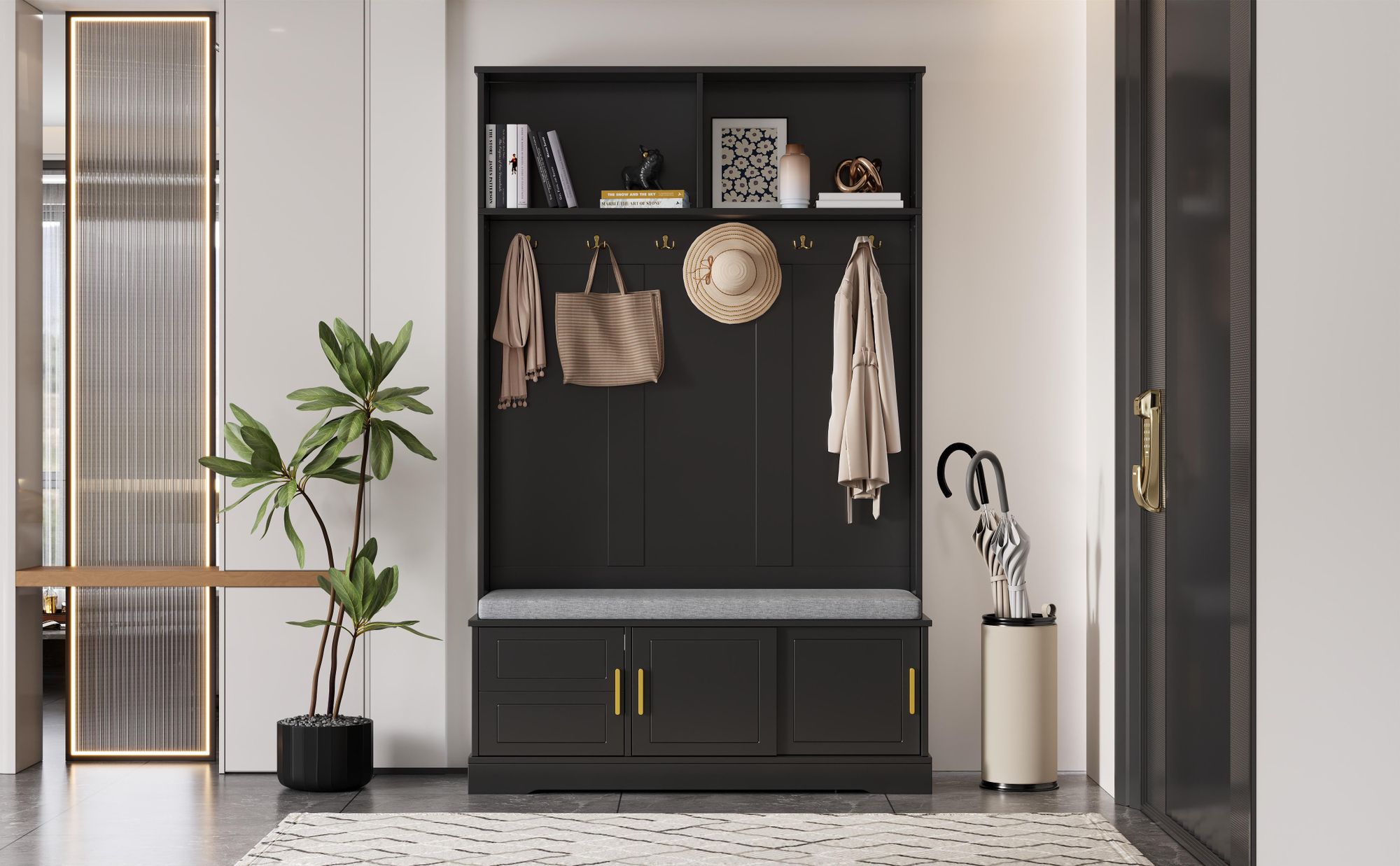 Merax Garderobenständer mit Schuhbank, Flurgarderobe mit 6 Dreifach-Haken, Garderobe mit Sitzbank, für Eingangsbereich, 120×40×191cm, Schwarz
