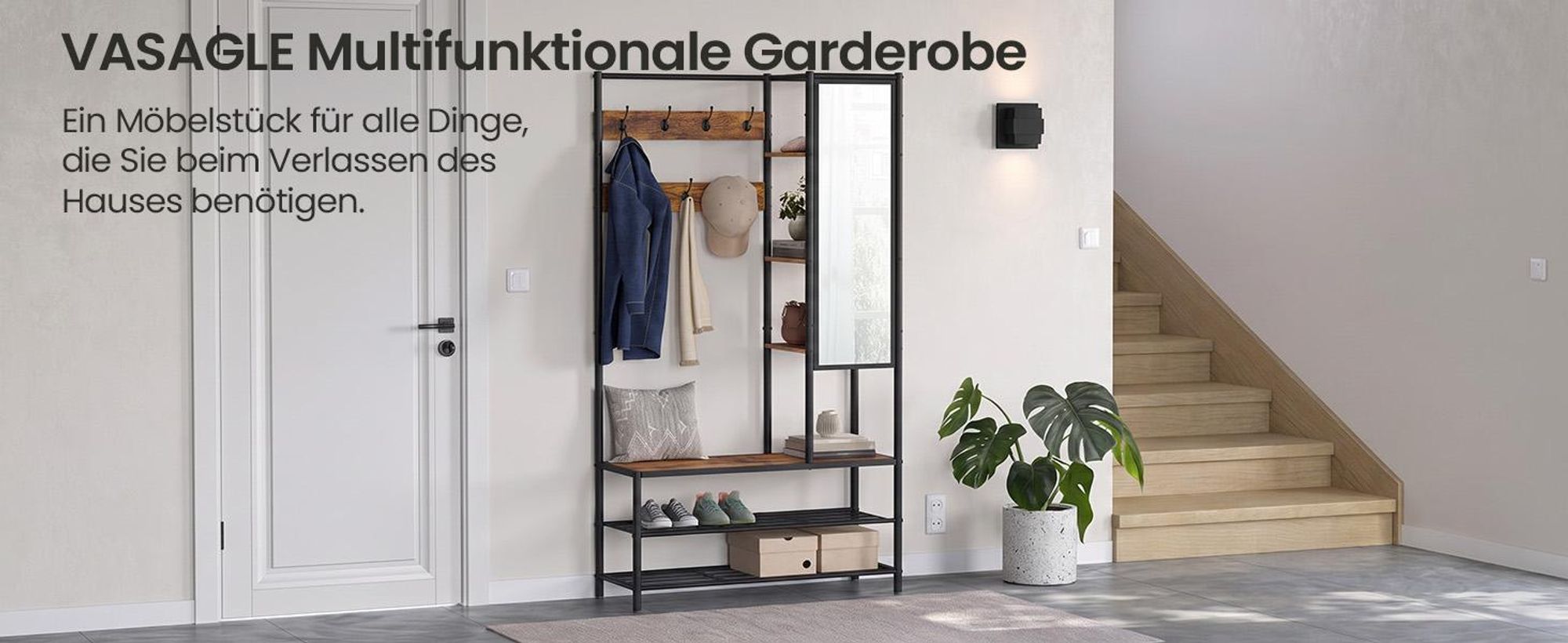 Garderobenständer mit Kleiderhaken, Spiegel, Schuhbank, Kleiderständer, Garderobe, Schuhregal mit Sitzfläche, für Flur, Industrie-Design, 35 x 98 x 182 cm, vintagebraun-schwarz HSR420B01