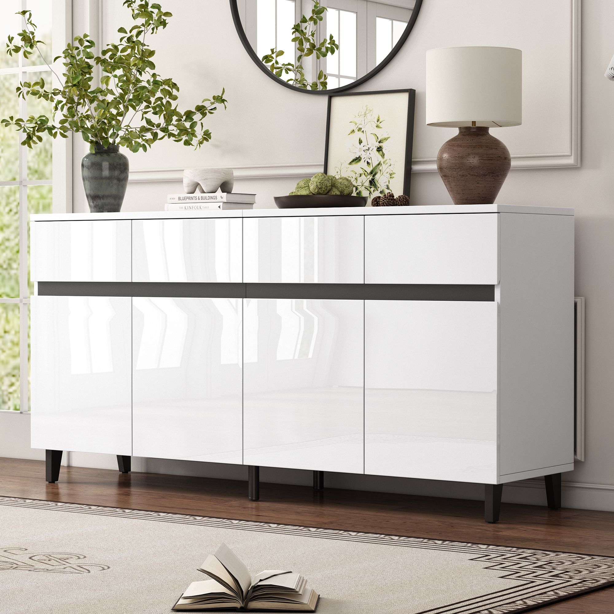 Merax Hochglanz Sideboard, Kommode mit 4 Schubladen, 2 Türen und höhenverstellbaren Regalböden - Elegantes Wohnzimmermöbel
