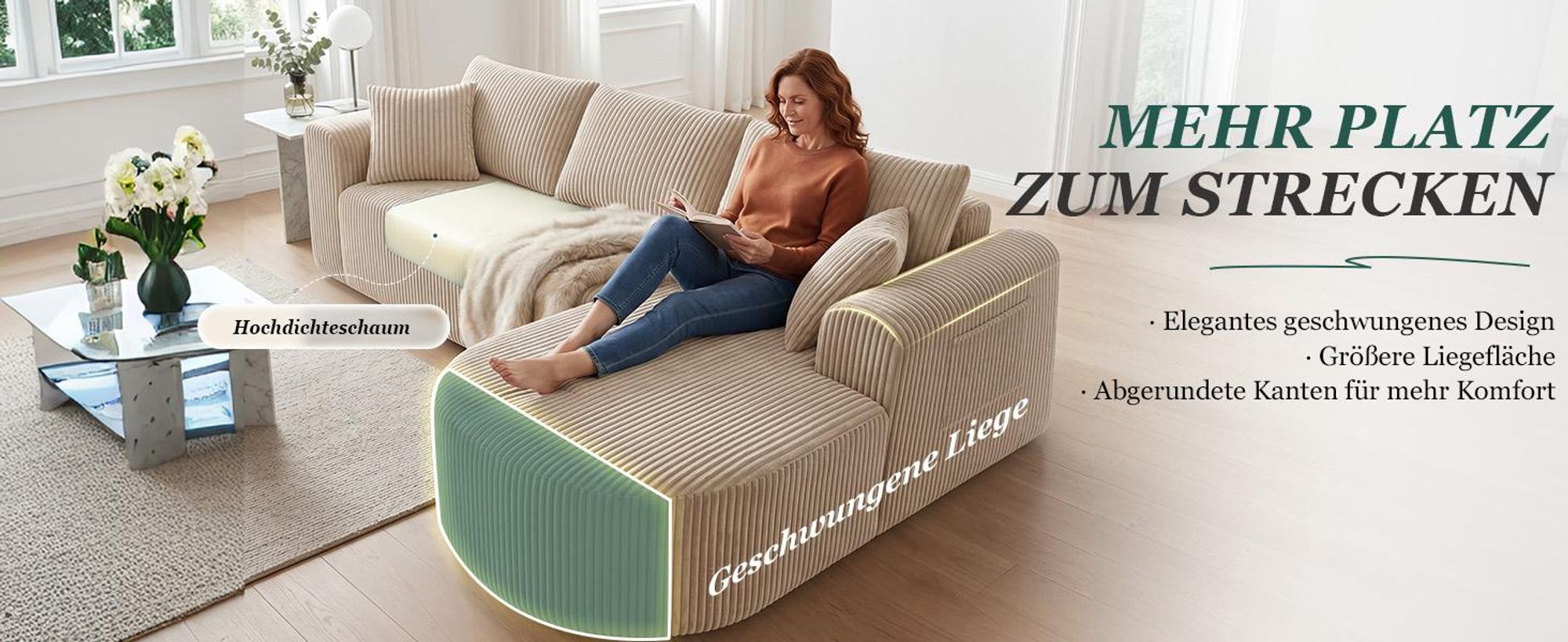 COMHOMA Ecksofa mit Schlaffunktion, 263cm Corduroy Modulares Boneless Couch mit Chaiselongue, L-Form Schlafsofa, Sektionssofas mit Kissen & Seitentasc