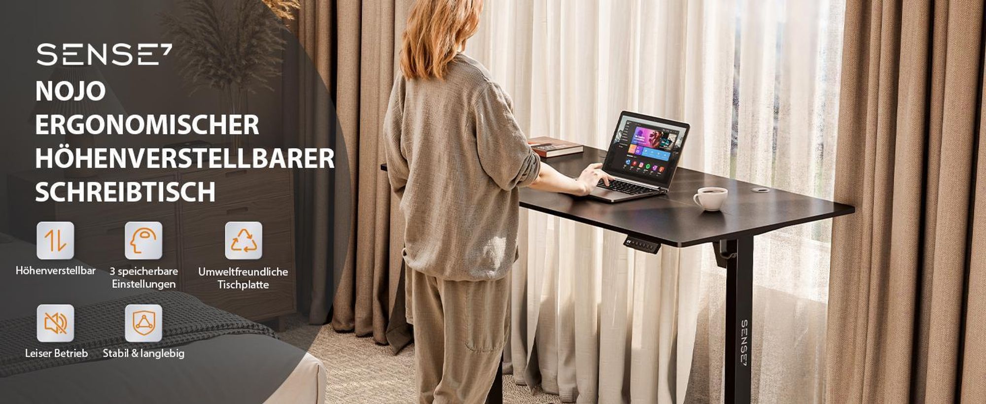 SENSE7 Höhenverstellbarer Schreibtisch Nojo 120cm Eiche Elektrisch Gaming Tisch Computertisch Standing Desk Büro Tisch Memory Funktion Kabelmanagement