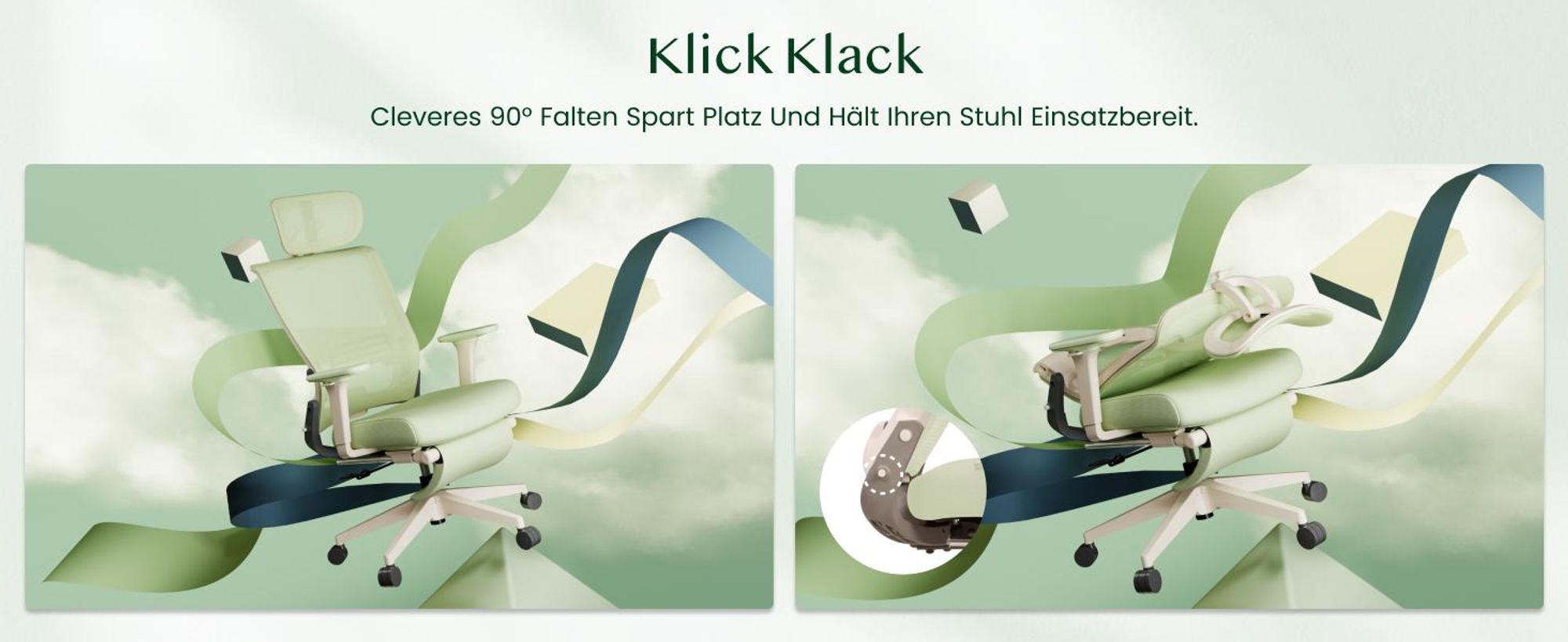 FLEXISPOT Foldex Ergonomischer Bürostuhl,klappbarer Bürostuhl für Kleine Räume mit Lendenwirbelstütze Höhenverstellbaren Armlehnen mit Fußstütze Grün