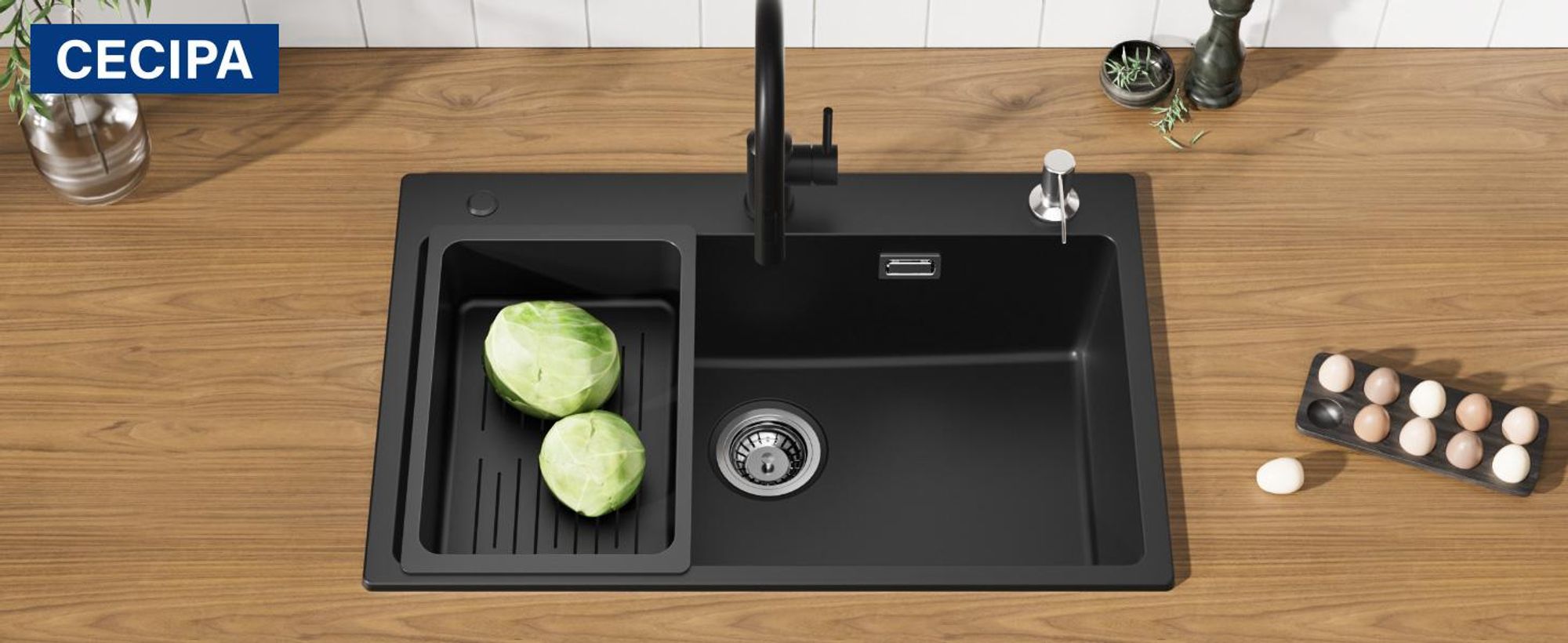 Granitspüle schwarz 70x45cm Set mit Küchenarmatur ausziehbar, Kratzfest & Geräuschdämmend, Cecipa, SMC Küchenspüle, Einbauspüle & Abflussgarnitur