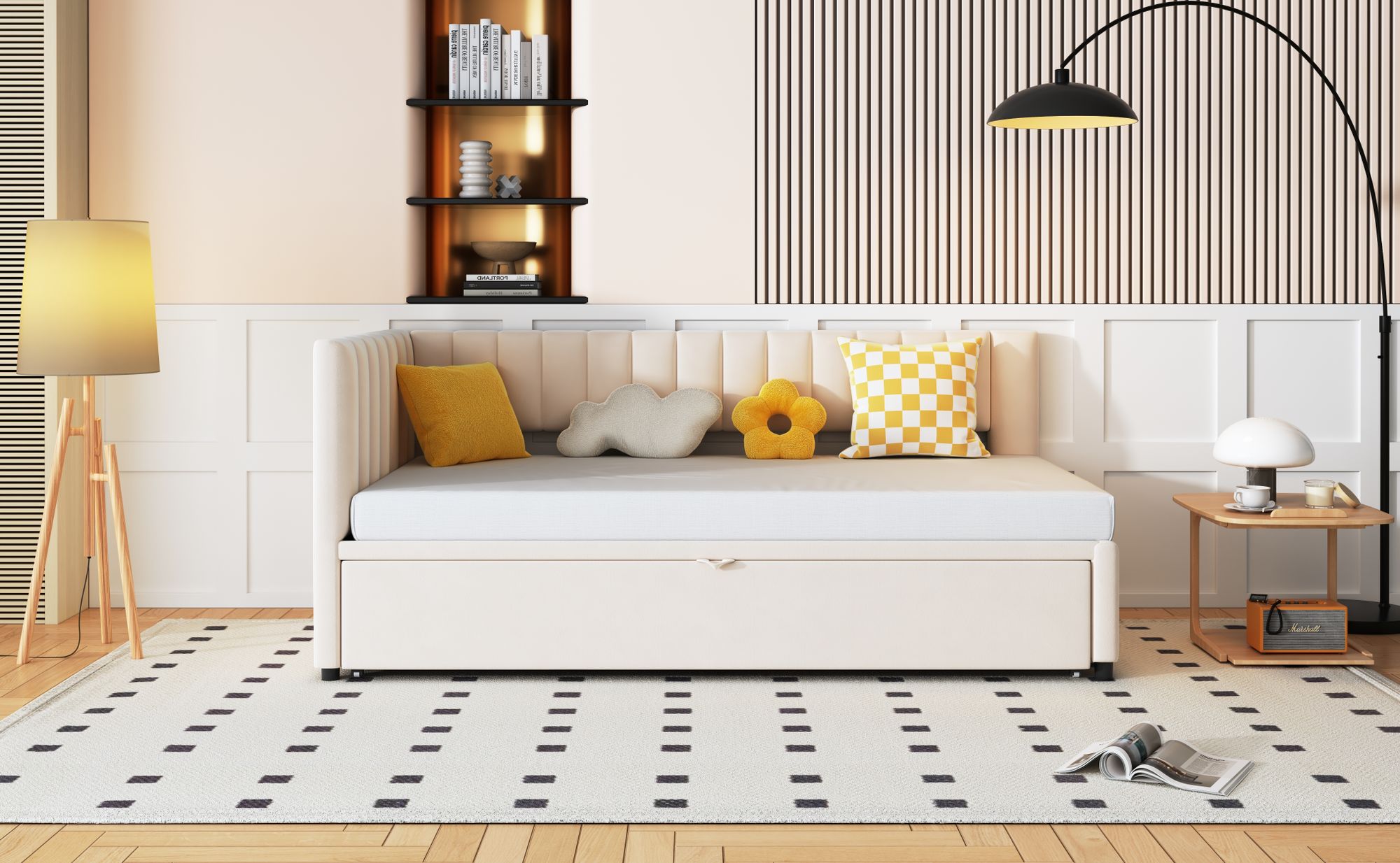 okwish Tagesbetten 90/180×200 mit Ausziehbett, Kinderbett platzsparendes Design, Schlafsofa in Beige,Ohne Matratze