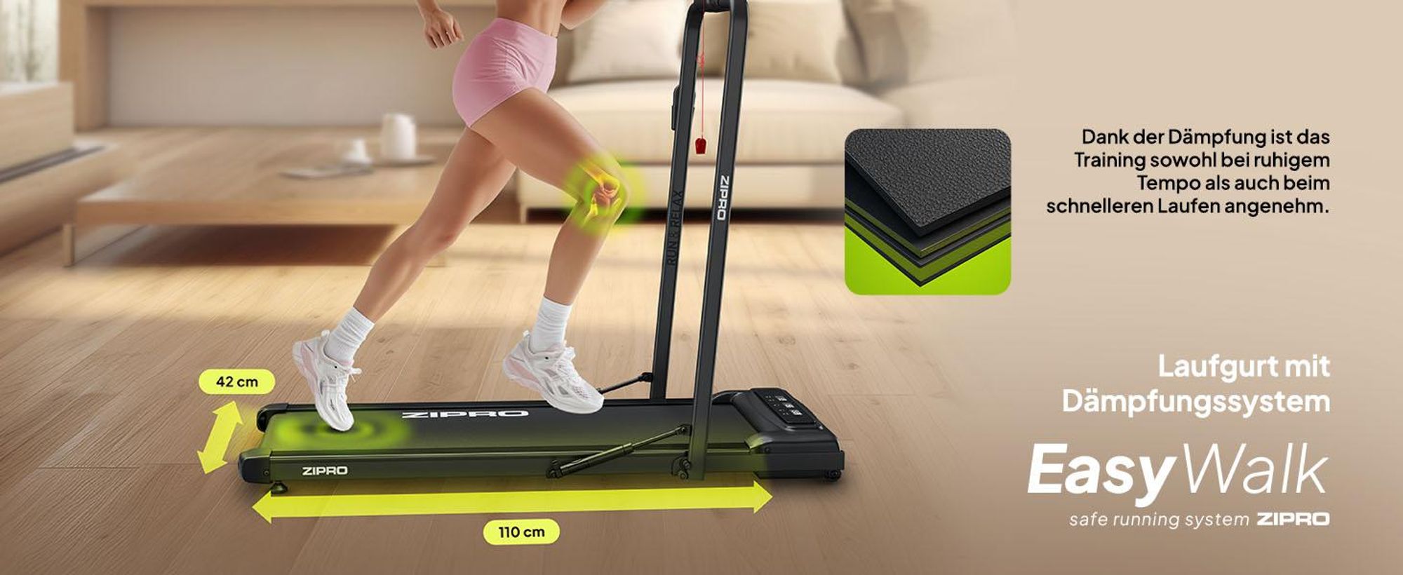 ZIPRO Newlite Laufband Klappbar - Walking Pad Untertisch Schreibtisch Laufband für Zuhause bis 10 km/h Fitnessgerät Bluetooth Fernbedienung